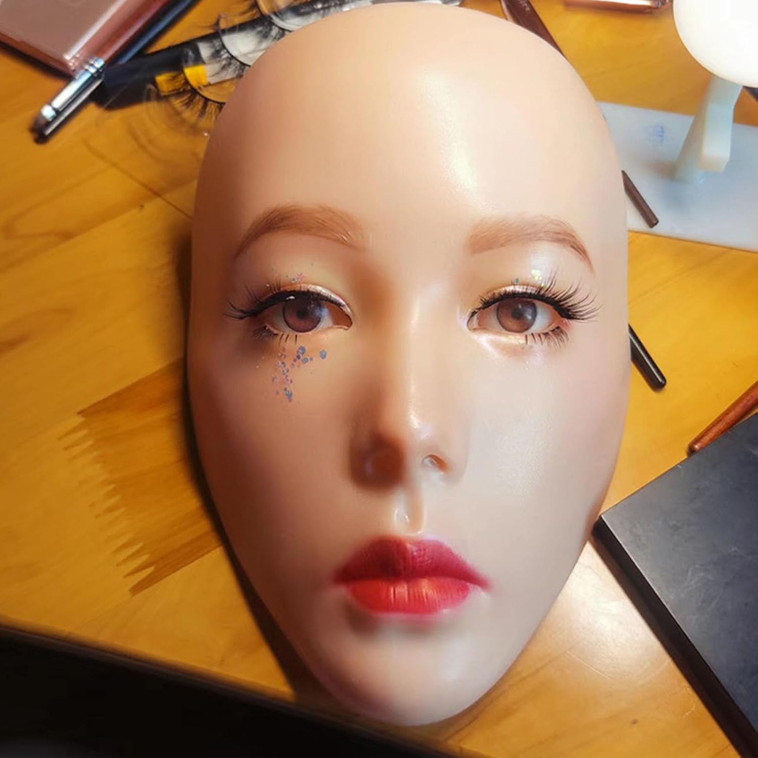 Makeup Practice Face, Makeup Mannequin Face with Plastic Holder, 5D Silicone Full Training Eyelash Eyeshadow for Makeup Artist (A)