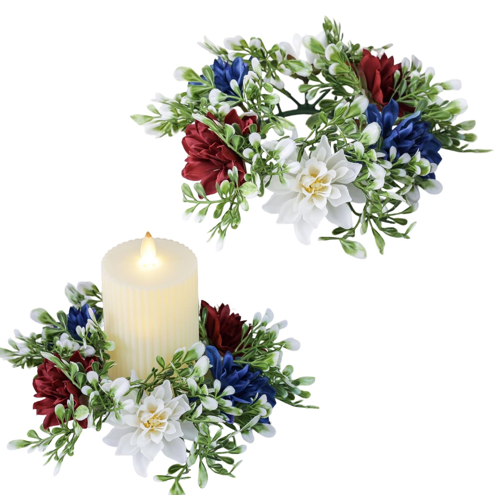 Independence Day Patriotic Candle Ring 4th of July Red Blue White Candle Holder Hanging Small Wreath Pendant for Memorial Day Tables Centerpieces Farmhouse Home Party Decoration (1 Pc)
