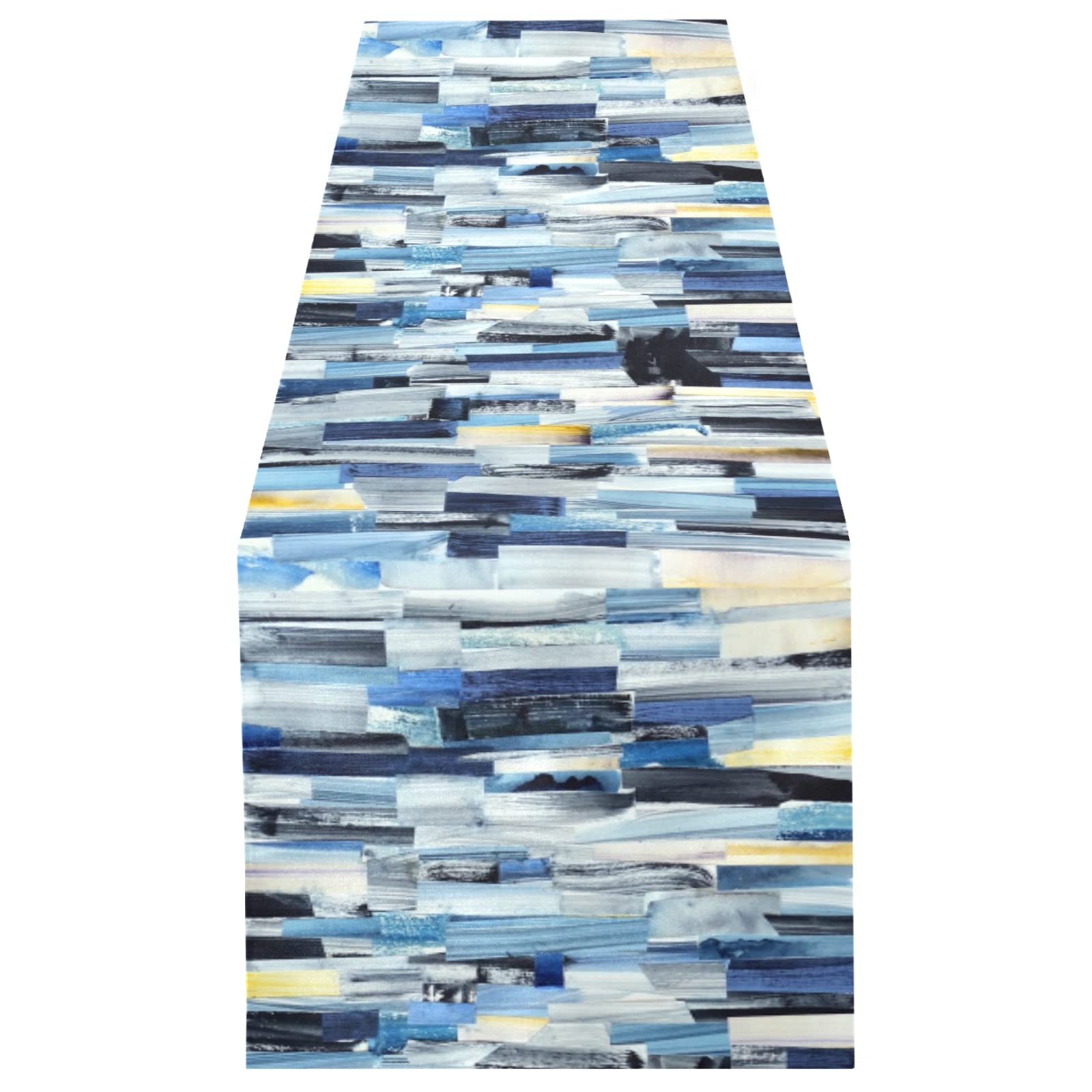 Poeticcity Multi 5 Abstract Multicolor Stripes Ink Texture Blue Dark Grey Yellow 14" X 108" Rectangle Table Runner Long Tablecloth Placemat For Party Home Decor Indoor Outdoor Office Kitchen Dining Wedding