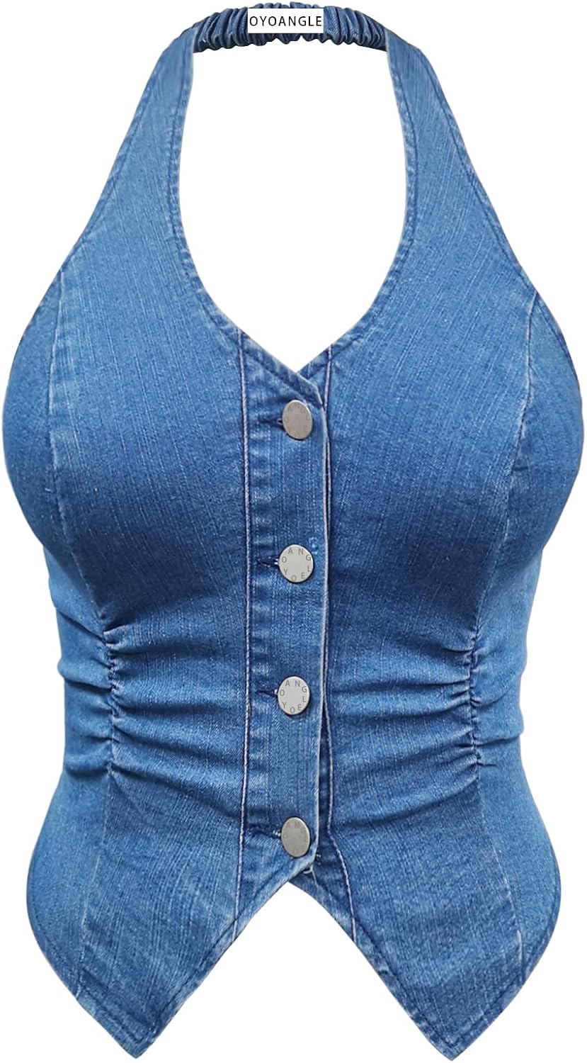OYOANGLE Women's Plus Size Denim Top Button Front Halter Sleeveless Ruched Jean Vest Tank Concert Outfits
