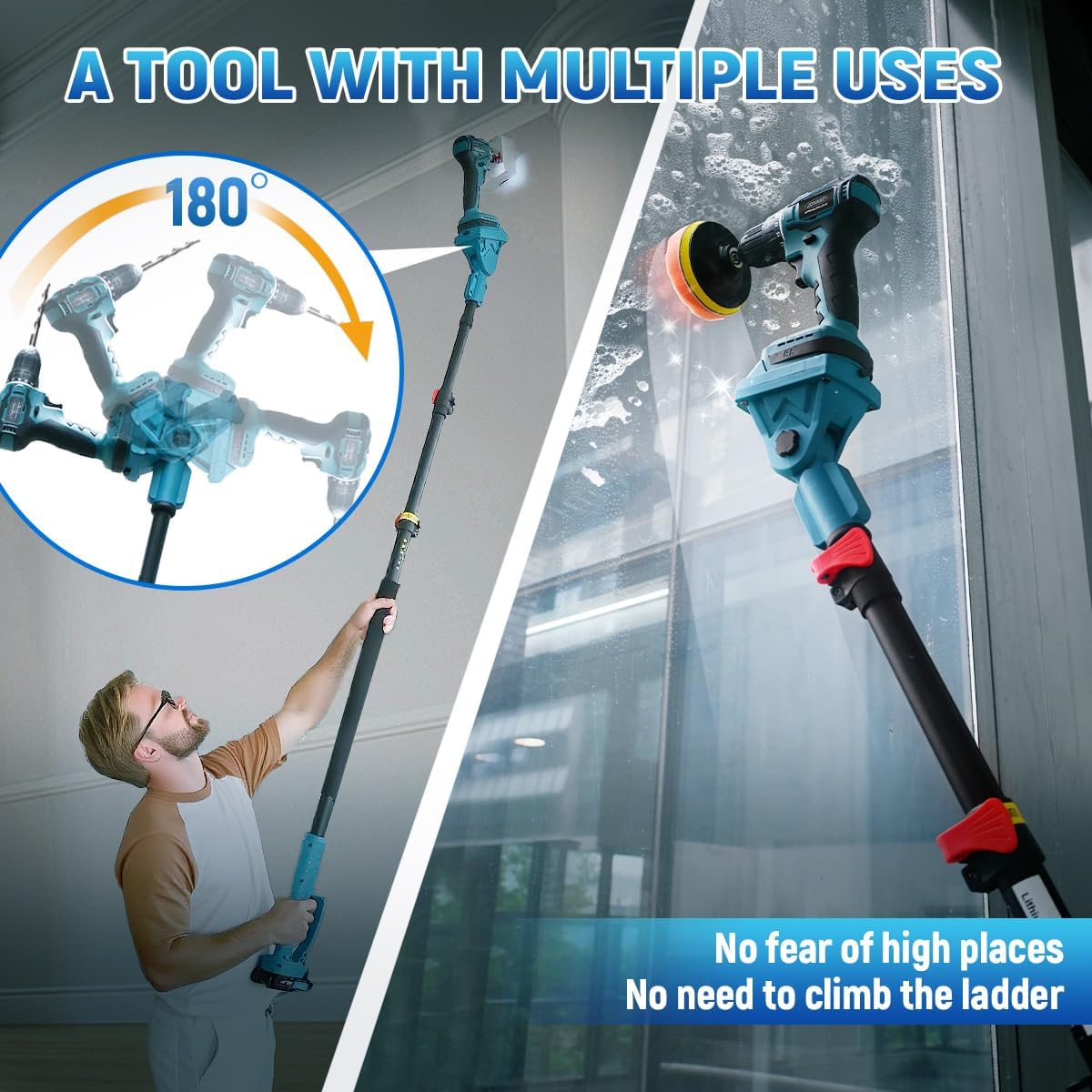 Cordless Power Drill Cleaning Tools Electric Spin Scrubber Extra Large Brush 1500 RPM High Power Electric Scrubber for Cleaning Adjustable Extension Handle, for Tub/Tile/Floor/Car (7Brushes)