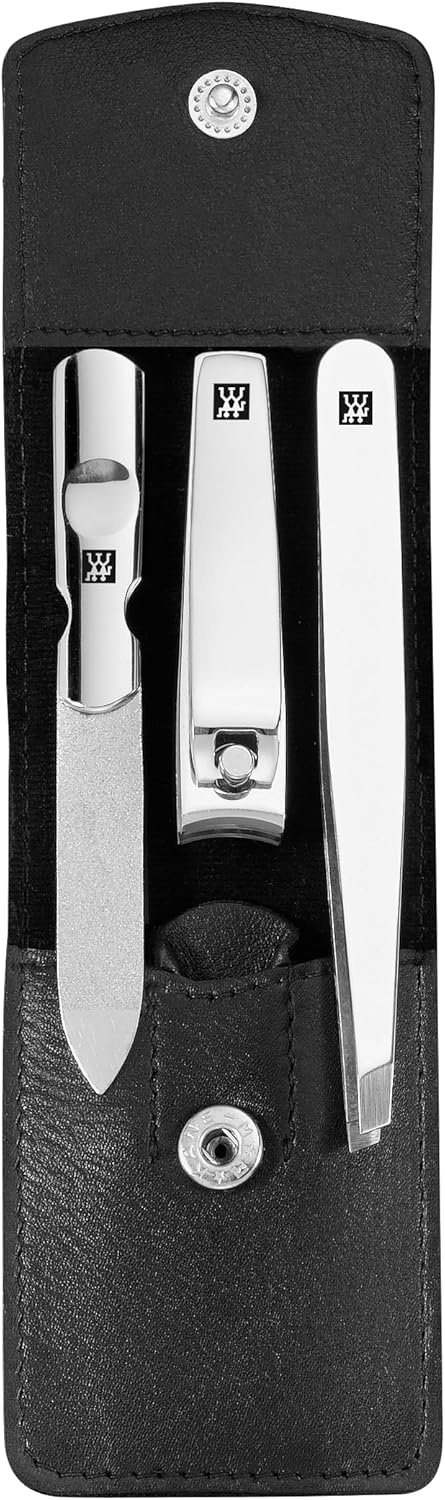 ZWILLING Beauty Classic INOX 4-pc Manicure and Tweezer Set with Black Leather Case, Nail Care Made of Genuine Leather with Push Button