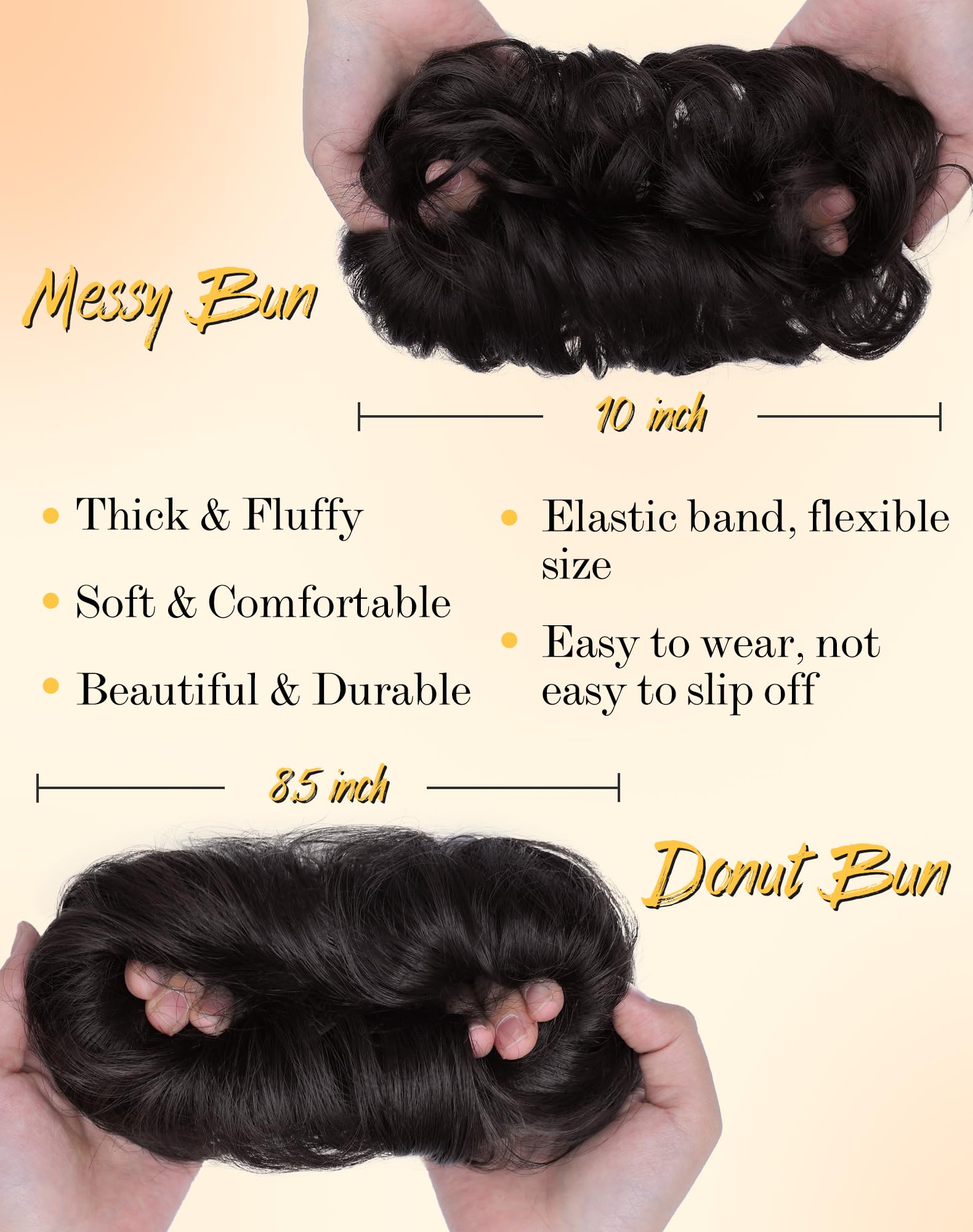 Haarteile für Hochsteckfrisuren, groß, gewellt, gelockt, Donut-Haarteile, Haargummis, Kunsthaar, Chignon, Pferdeschwanz, Haarverlängerung, dick, Hochsteckfrisur für Damen, Braun, Schwarz, 2