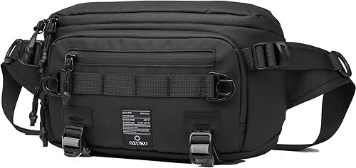 OZUKO Riñonera cruzada para hombres y mujeres, resistente al agua, con soporte para trípode, Negro -