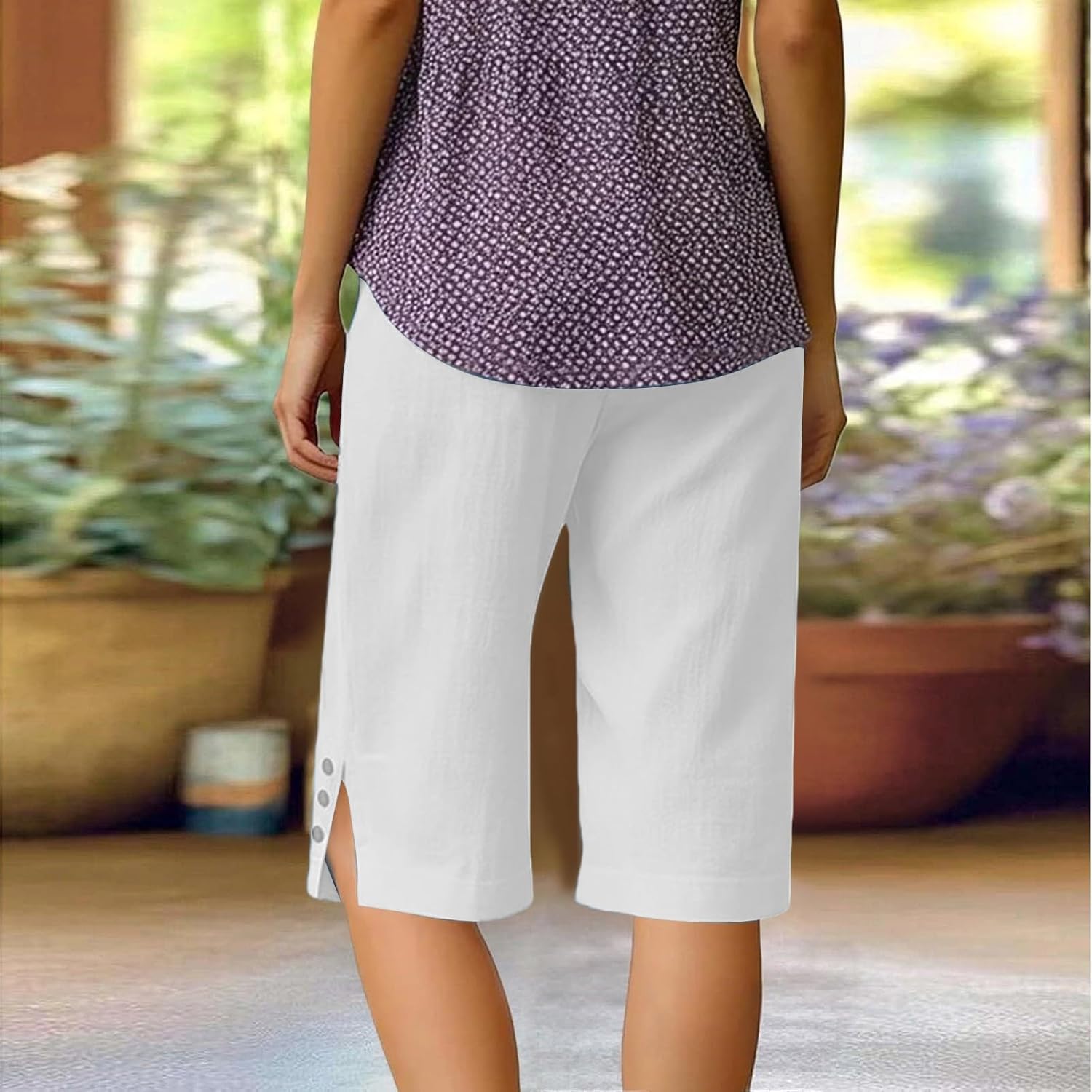 Cotton Linen Capri Pants for Women Petite Bermuda Shorts Knee Length Drawstring Pants Summer Beach Long Shorts
