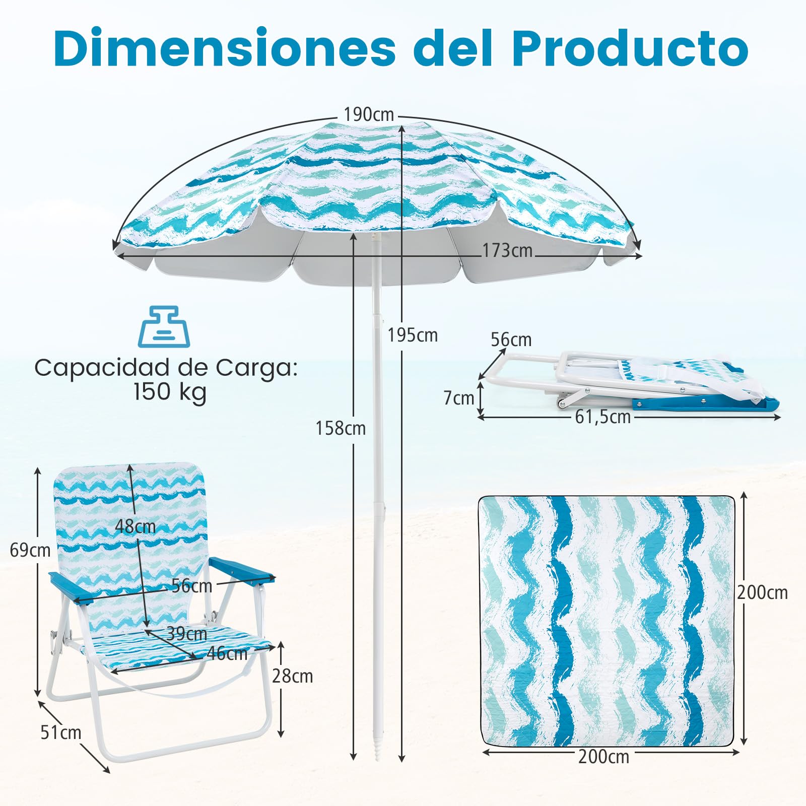 GOPLUS Conjunto de Playa de 4 Piezas, φ 190 Sombrilla con Inclinación Ajustable, 2 Sillas Plegable con Bolsa de Almacenamiento y 1 Manta, Bolsa de Transporte, Juego para Picnic, Camping (Azul)