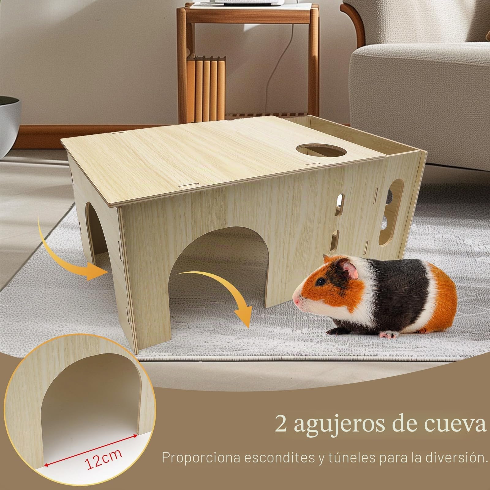 Caseta con Comedero de Heno para Conejo, Cabaña de Madera 2 en 1 para Cobayas con Dispensador de Comida para Pequeños Animales Domésticos, Hámsters Enanos, Chinchilla