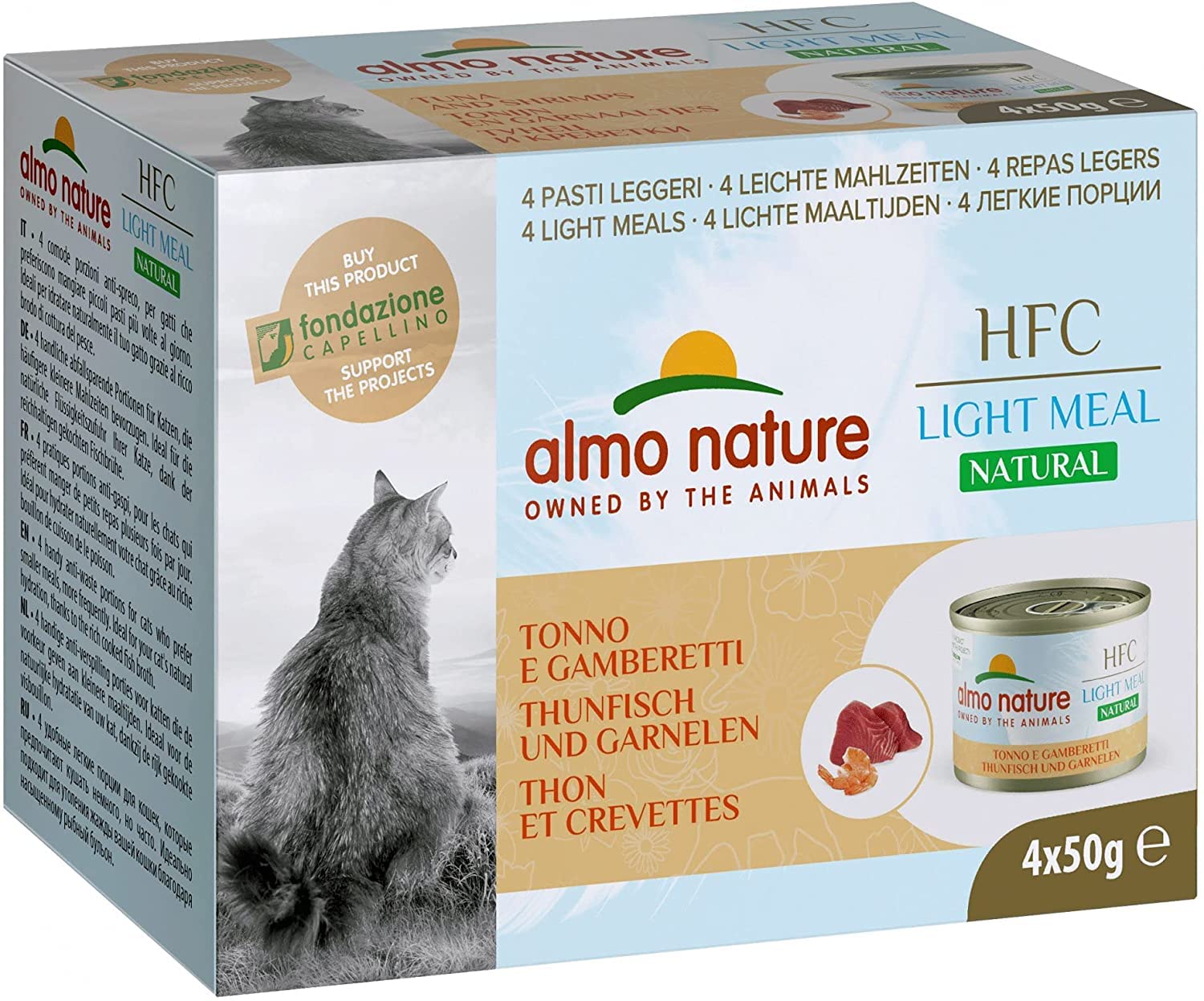 Almo Nature Made in Italy pour Chat – Mega Pack HFC Natural Light Meal avec Thon et crevettes, 4 x 50 g
