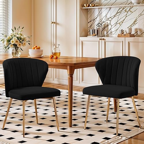 Juego de 2 sillas de comedor de terciopelo, modernas sillas tapizadas con patas de metal dorado para comedor, cocina, tocador y patio (negro)