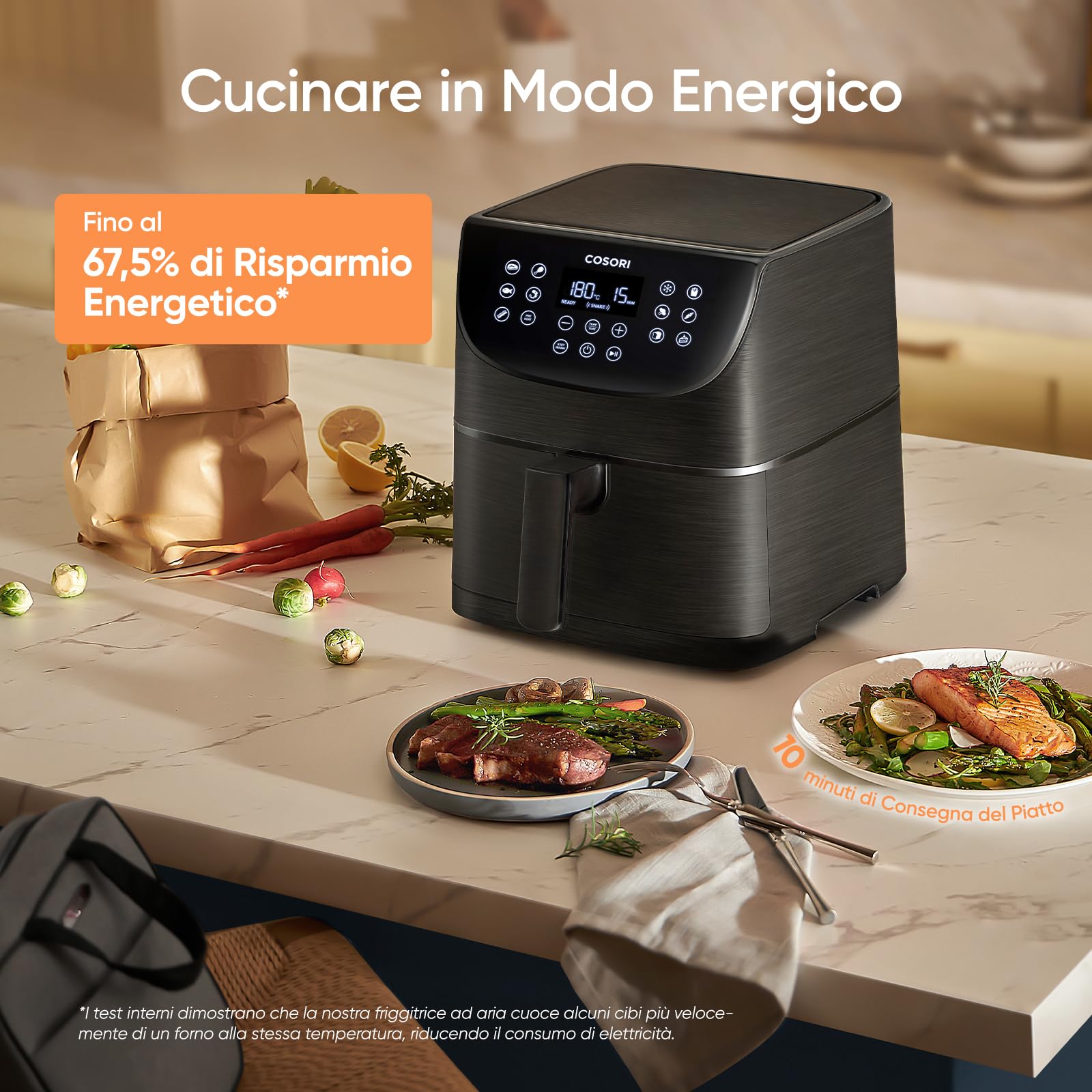 COSORI Friggitrice ad Aria 5,7 Litri, Air Fryer, 13 Funzioni, 97% Meno Olio, 67.5% di Risparmio Energetico, 75-205°C, 40 Ricette Italiane, Display Digitale, Lavabile in Lavastoviglie, CP158 Nero 1700W