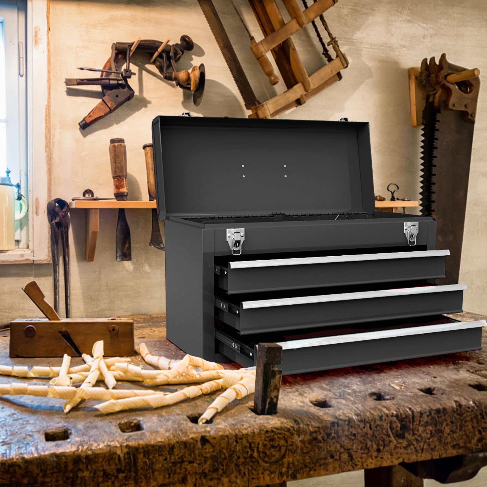 COSTWAY Caja de Herramientas de Metal Portátil, Maletín de Herramientas con 3 Cajones y Bandeja de Almacenamiento Superior, Caja Herramientas con Sistema de Doble Pestillo y Asa (Negro)
