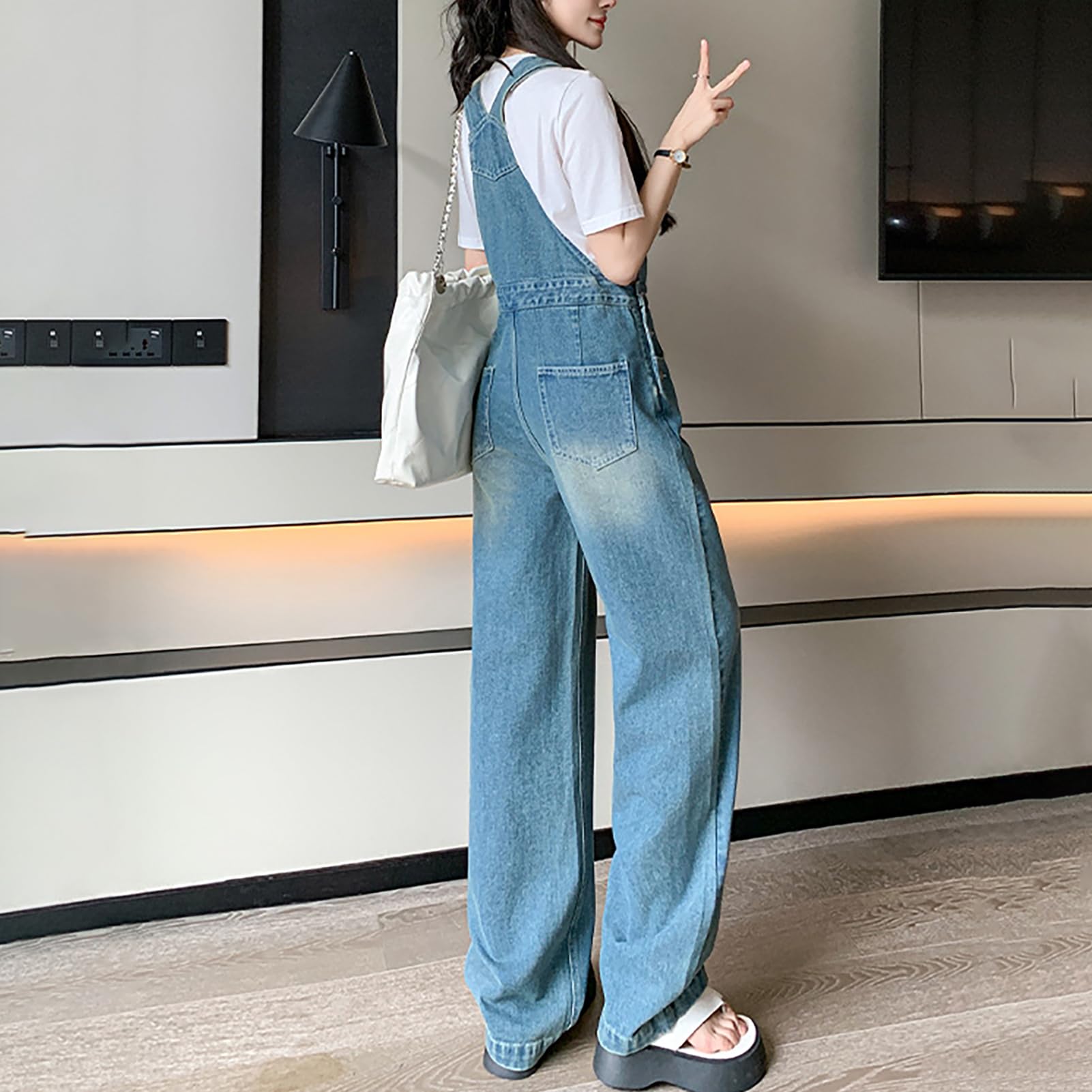 Salopette Jeans Femme Large Combinaisons en Jean Coupe Droite Pantalon en Jean