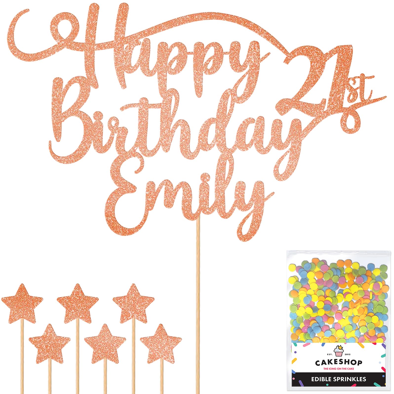 Personalised Happy Birthday Glitter Cake Topper | Custom Colour Any Name & Any Age Glitter Cake Decoration for 1st 10th 16th 18th 20th 21st 30th 40th 50th 60th 70th 80th (Rose Gold)