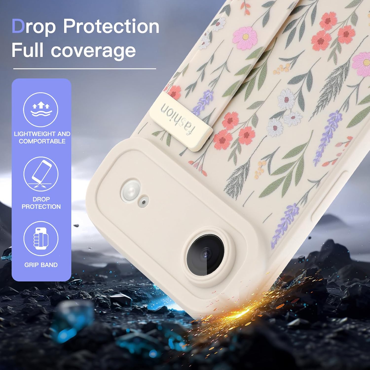 AIGOMARA for iPhone Air Case with Strap for Women Girls, Cute Floral Flowers Pattern, Soft Wirstband Kickstand Silicone Protective Cover, White - Image 3