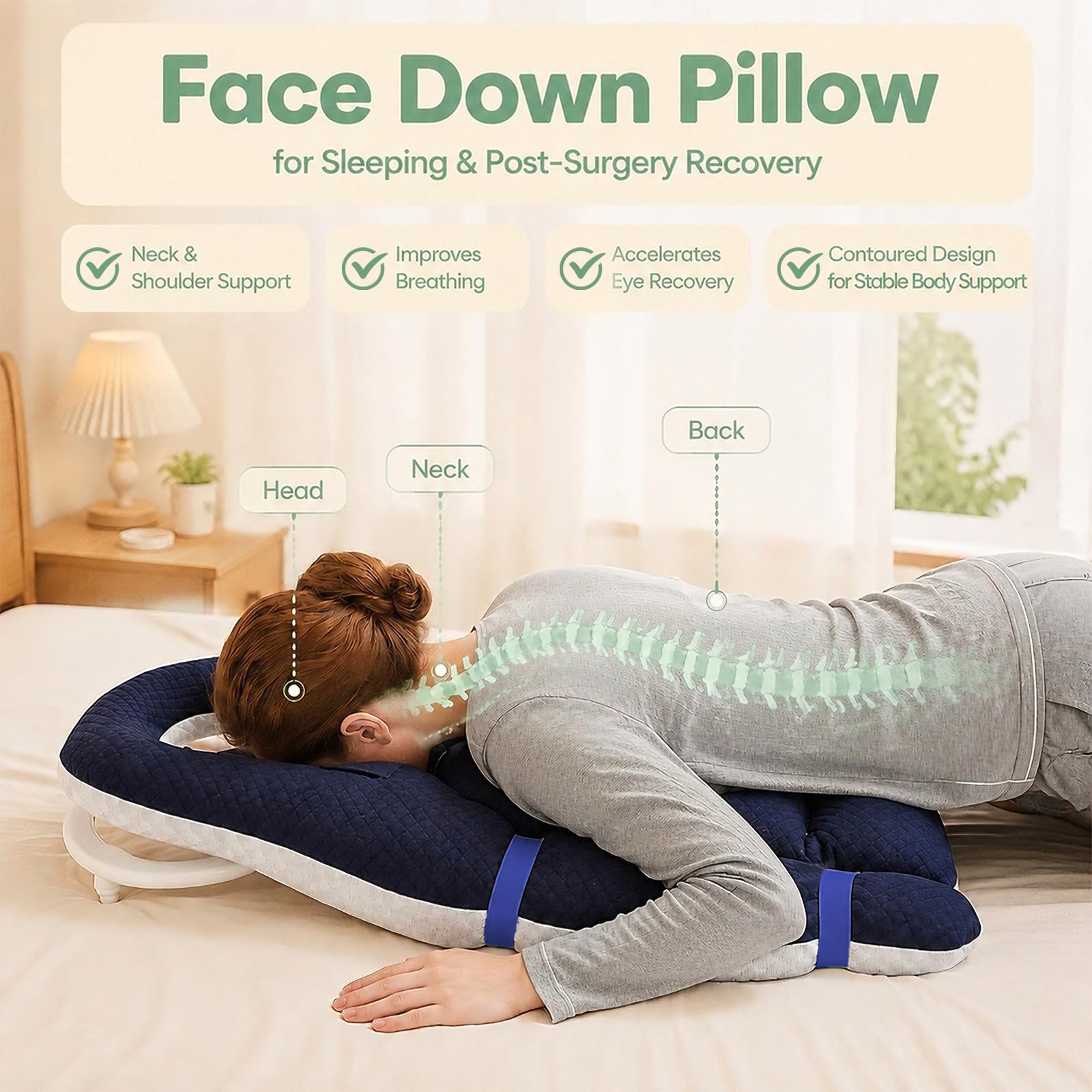 Bauchschläferkissen mit Kopfloch, Face Down Recovery Pillow für Retina- & Augen-OP, Piercing Kissen mit Atemöffnung Weicher Flanell & Samtfüllung für Bauchlage (Marineblau)