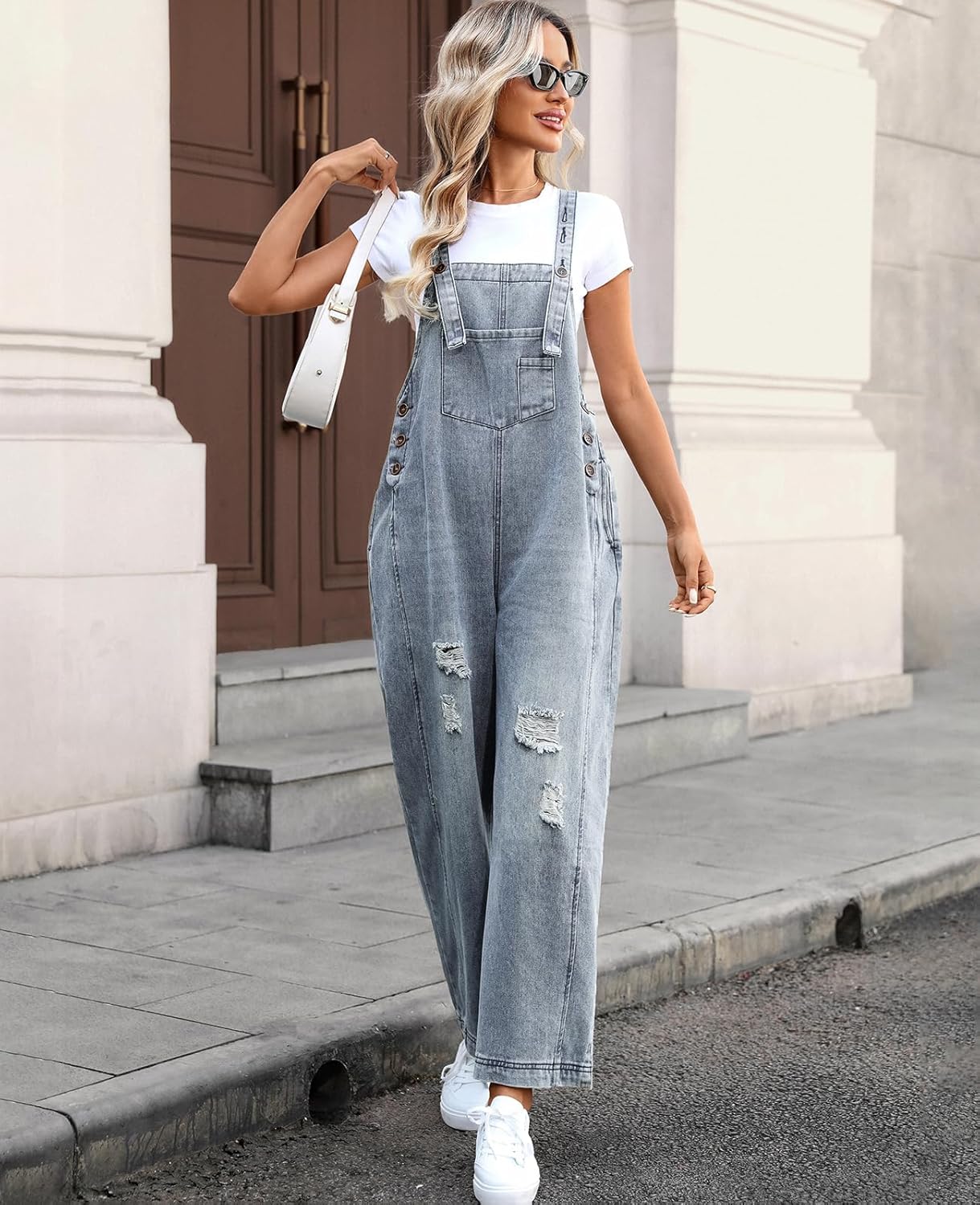 Women's Loose Adjustable Strap Denim Bib Overalls Jeans Distressed Ripped Wide Leg Baggy Overall Jumpsuit - Image 2