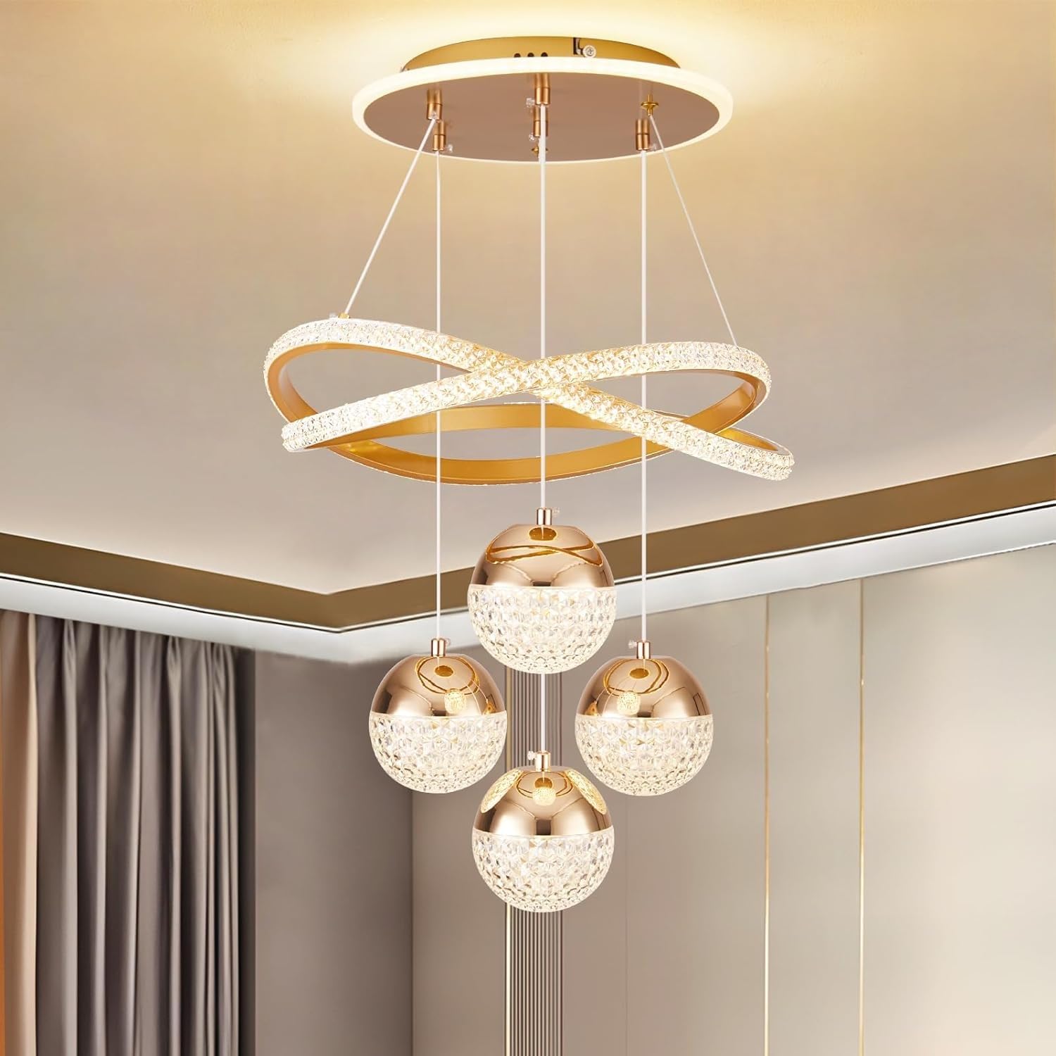 Lampadario Moderno a LED dimmerabile Color Oro per Sala da Pranzo, Isola Cucina e Soggiorno. Apparecchio di Illuminazione per la casa con Altezza Regolabile.