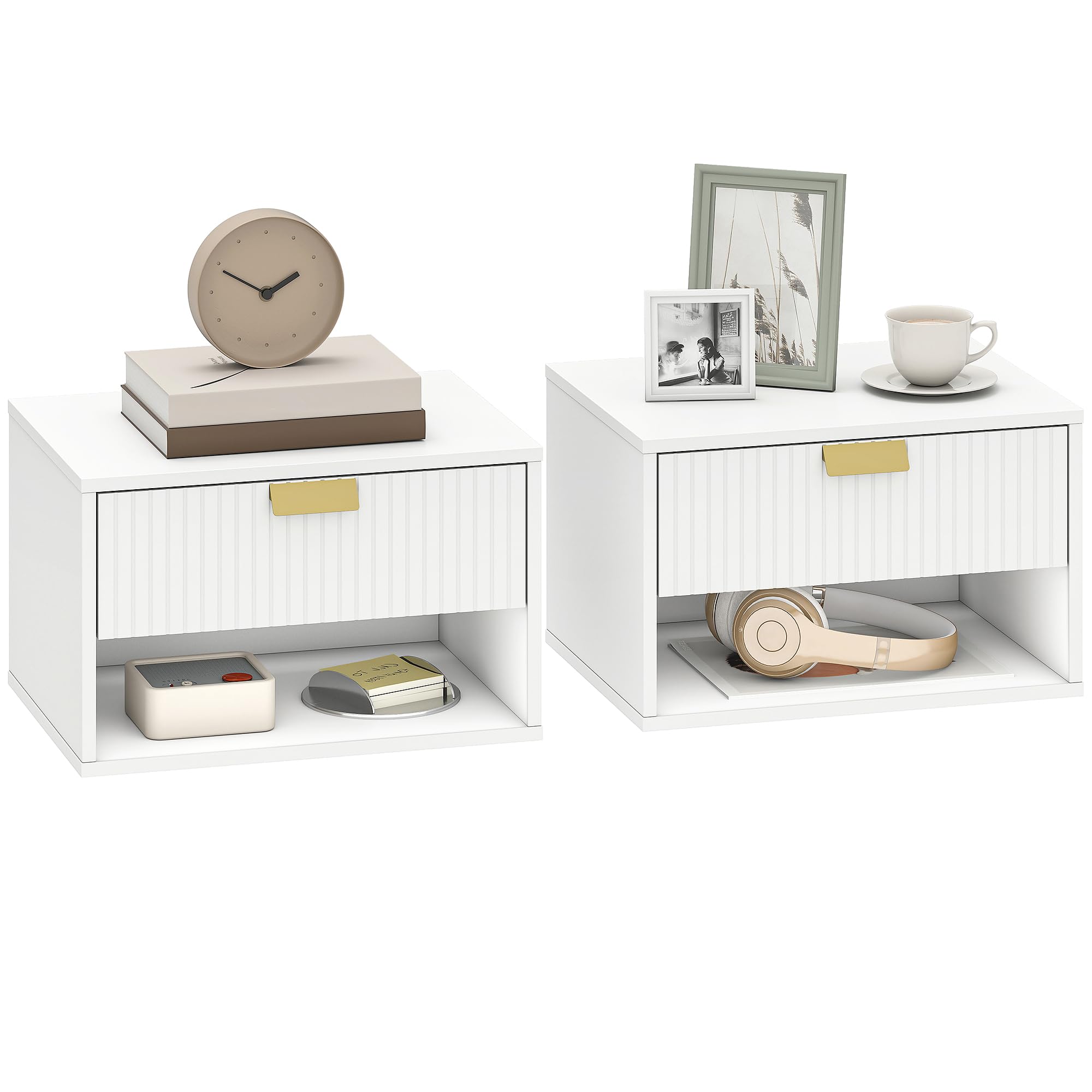 HOMCOM Juego de 2 Mesitas de Noche Flotantes con Cajón 40x30x25 cm Blanco | Mesillas de Noche, Frente Ondulado, Estante Abierto, Diseño Moderno, para Dormitorio