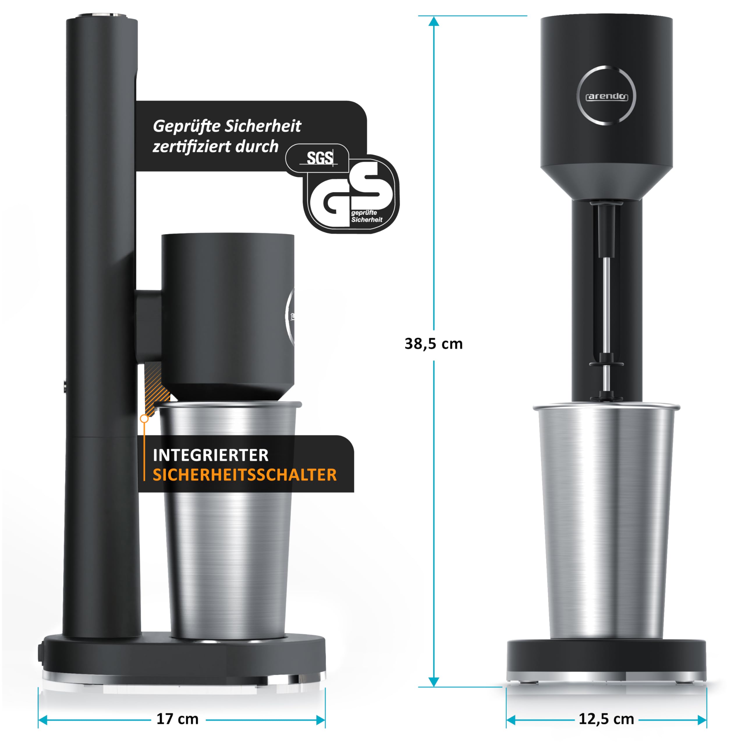 Arendo - Protein Shaker Mixer - Eiweiß Shaker - Metall Eiweißshaker Premium - 500 ml Becher Edelstahl - 22.000 U min - 2 Geschwindigkeitsstufen - Fitness Protein Drinks Smoothies Milchshakes