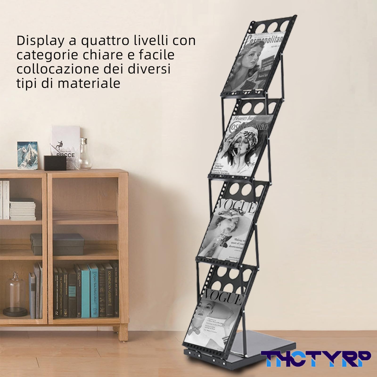 Supporto per catalogo, portariviste pieghevole a 4 strati, formato A4, supporto per brochure su un lato, supporto verticale per riviste alla moda
