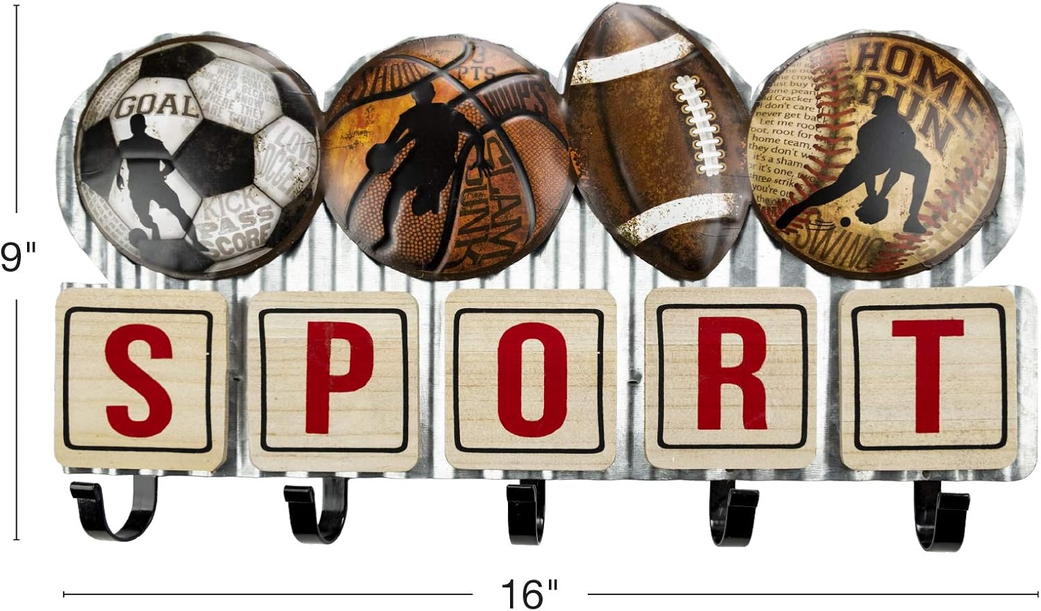 Vintage Sports Metal Coat Rack with 5 Hooks