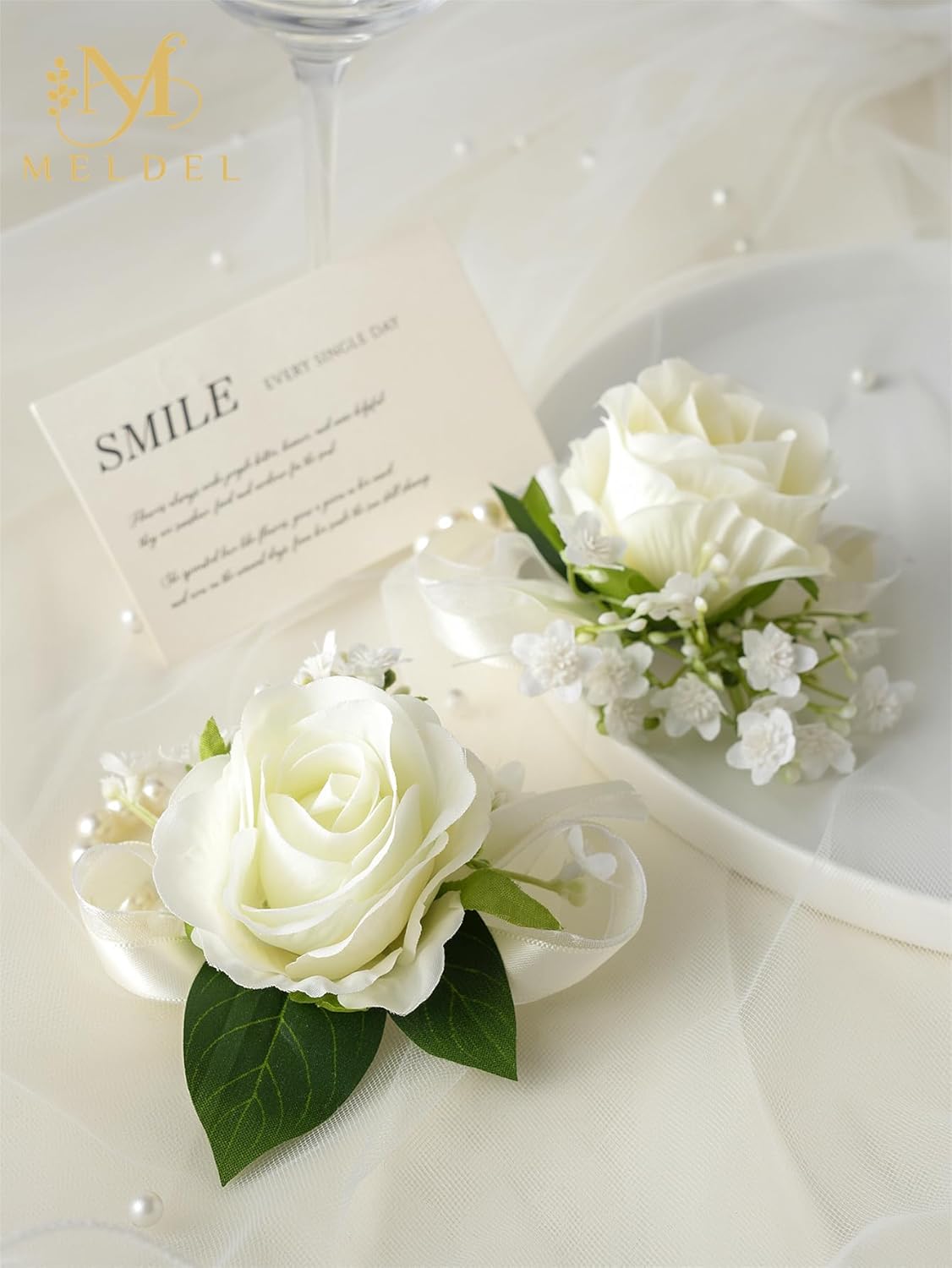 Meldel 6 Pcs Ivory White Rose Wrist Corsage for Wedding, Bride Bridesmaids Corsages, Pearls Bracelet Wrist Flower for Prom Homecoming Party, Wrist Corsage for Mother of Bride and Groom Wedding Decor - Image 6