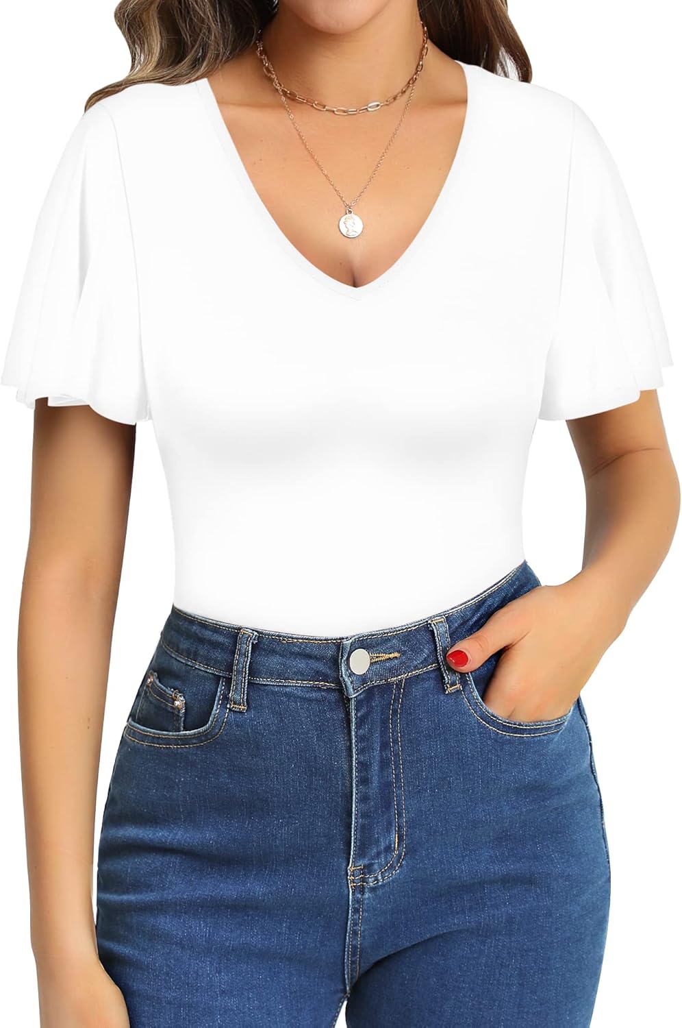 MANGOPOP Women's V Neck Short Sleeve Bodysuits Ruffle Puff Sleeve Body suit Sexy Going Out Tops - Image 2