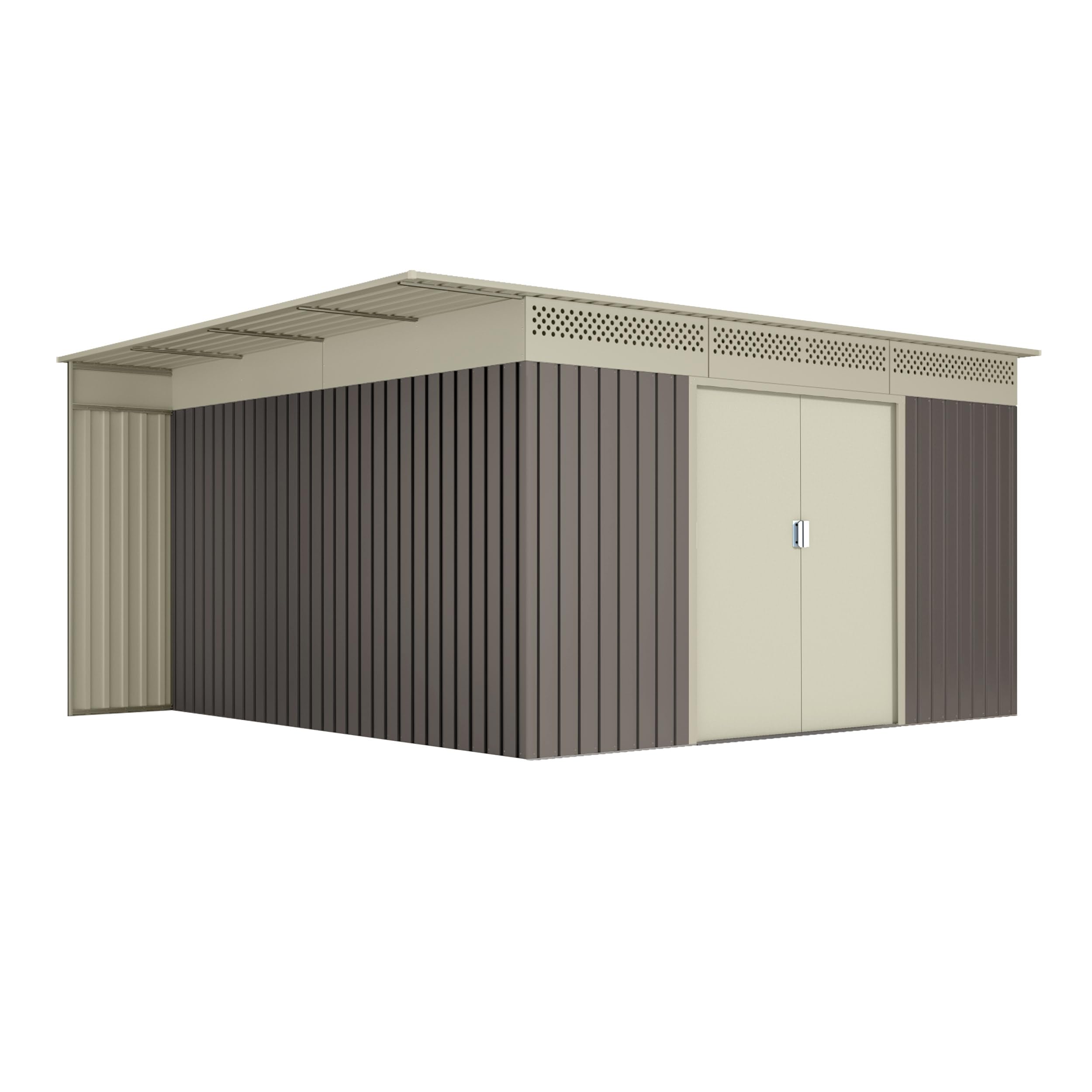 Hoggar - Caseta Metálica Jardín 13,22m2 – Leñero Exterior - Respiraderos para Evitar Condensación – Techo Inclinado - Topo Beige – Cobertizo Resistente de Metal Almacenaje con Voladizo Lateral