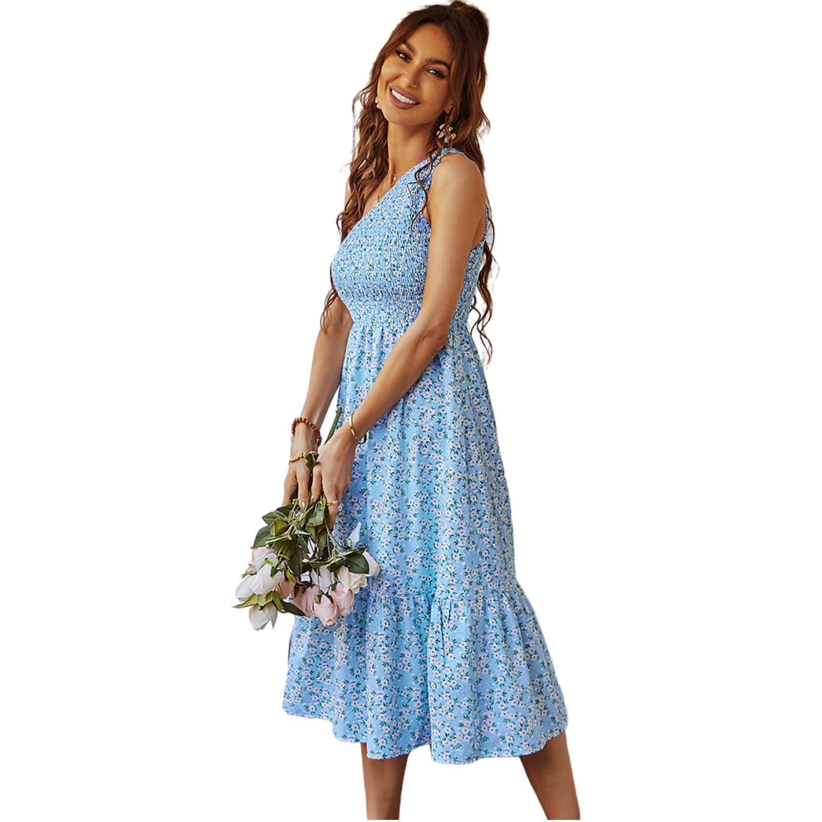 SAMACHICA Women's Summer Floral Dress One Shoulder Sleeveless Smocked Ruffled Hem Flowy Bohemian Maxi Dresses