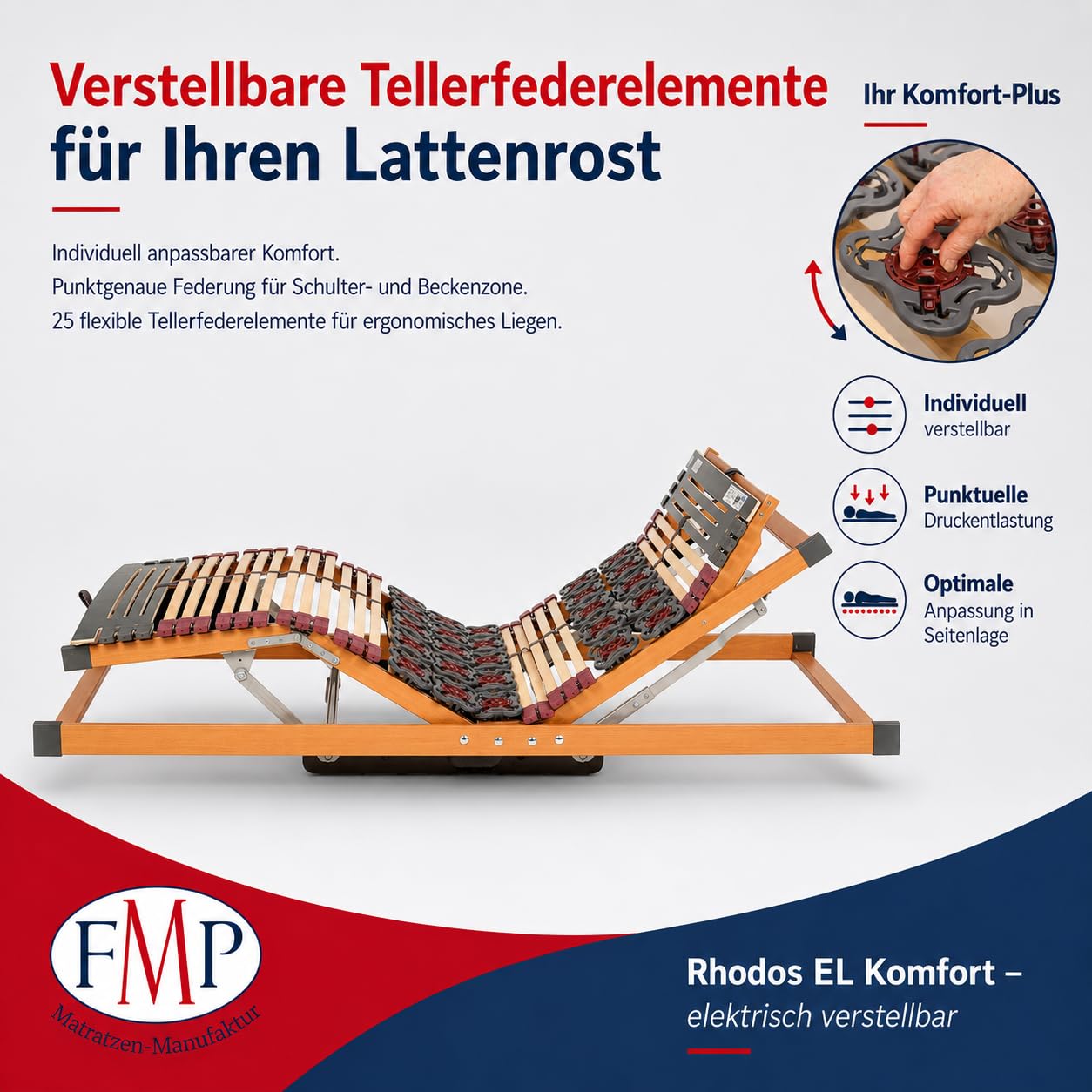 FMP Matratzenmanufaktur 7 Zonen Teller Lattenrost Rhodos EL Komfort - Kopf- und Fußteil elektrisch verstellbar 2 Tellerzonen Lattenroste 90x200 cm