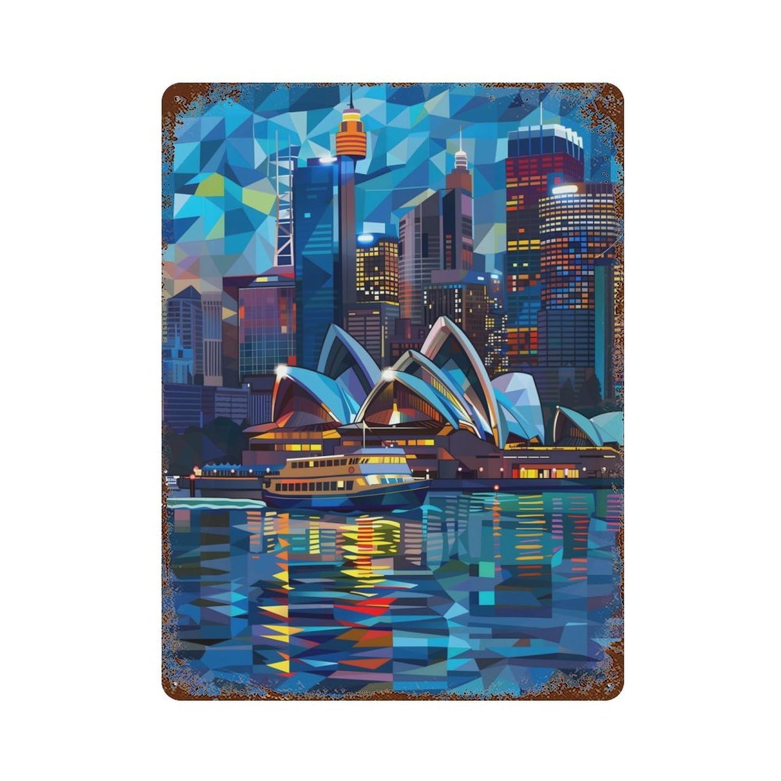 Garage Style Sydney Skyline Night Rusty Metal Tin Sign 15.7"x11.8", Farmhouse Wall Decor for Bar And Workshop