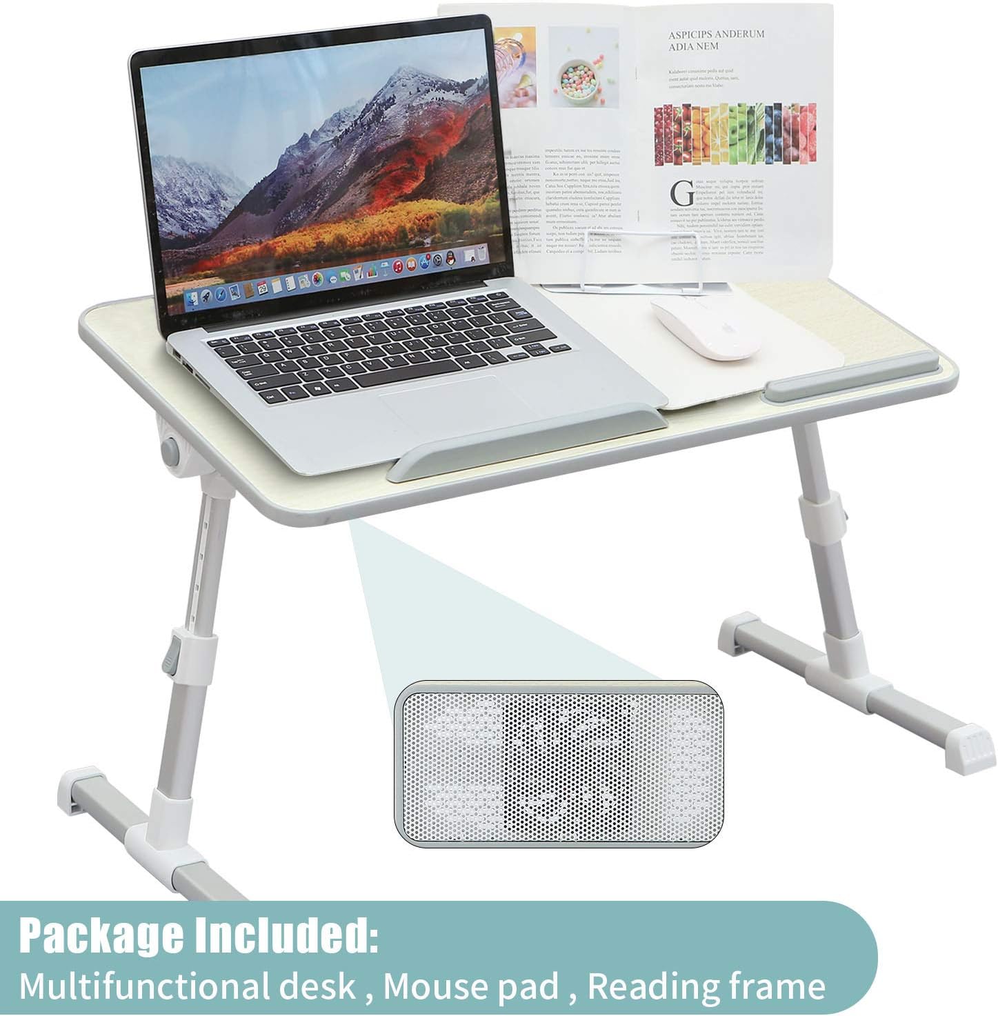 Adjustable Laptop Desk for Bed,Portable Lap Stand with USB Cooling Fan,Home Bed Tray Table,Foldable Laptop Desk with Reading Frame and Mouse Pad,Natural, 23.6L*11.8W*12.6H