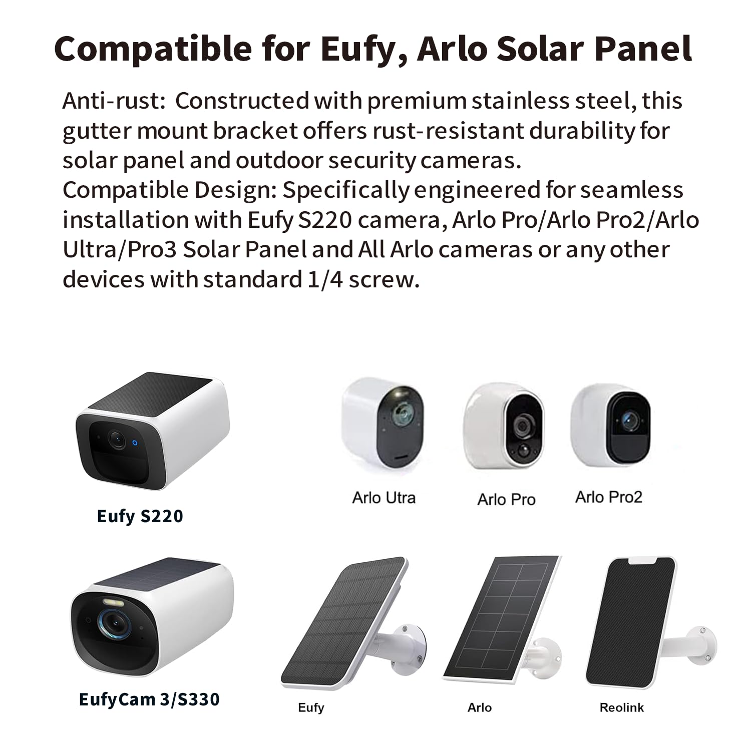 Dachrinnenhalterung für Eufy, Arlo Solarpanel, Verstellbare Edelstahl Halterung für Solar-Sicherheitskamera Solarmodul-Platzierung, Kompatibel mit 1/4 Schraube Kamera, Eufy, Arlo Solarpanel (1Stück)