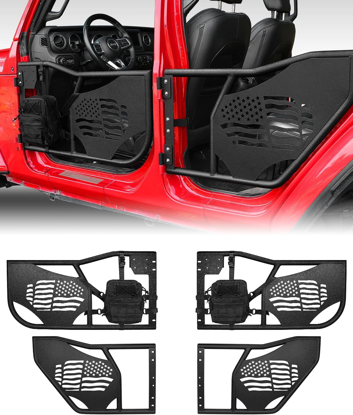 ROADER JK Tube Doors for 2007-2018 Jeep Wrangler JK Unlimited 4-Door US Flag pattern Front & Rear Tubular Half Doors, Offroad Trail Door With Front Door Side Storage Bag