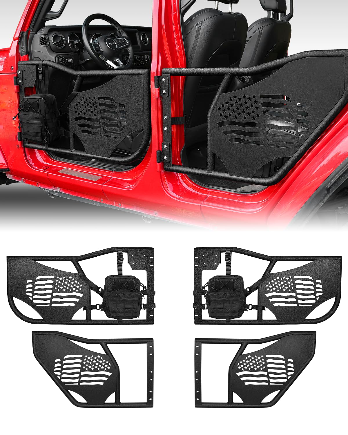 ROADER JK Tube Doors for 2007-2018 Jeep Wrangler JK Unlimited 4-Door US Flag Pattern Front & Rear Tubular Half Doors, Offroad Trail Door with Front Door Side Storage Bag