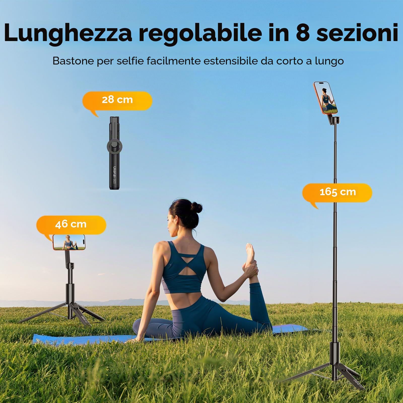 ULANZI SK27 Treppiede smartphone 165 cm, Magneti N52, Telecomando Bluetooth 10 m, 8 Sezioni, Selfie stick magnetico MagPod, Tripode cellulare per iPhone 17, 16, 15, 14, 13, 12, Vlog, Viaggio
