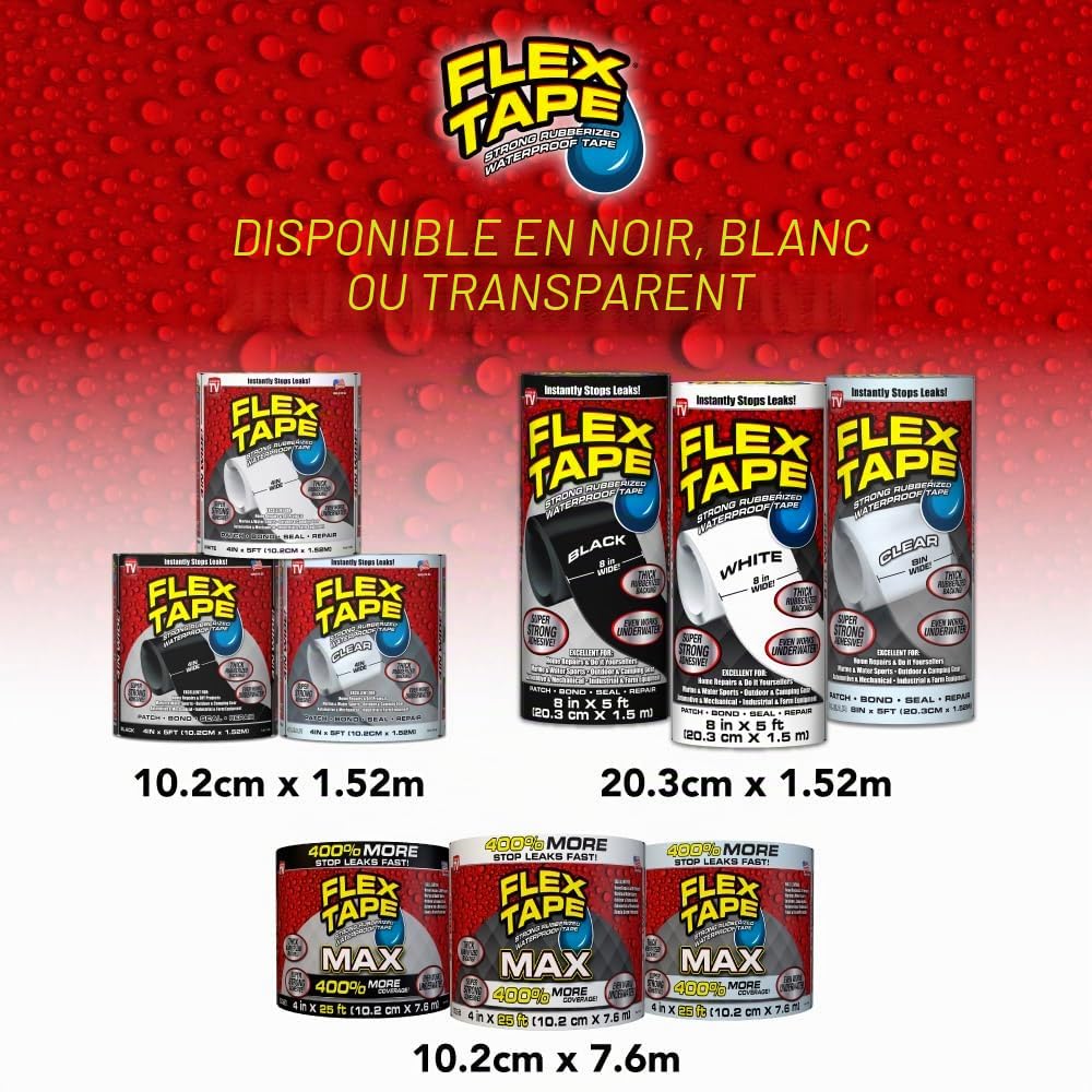Flex Tape, Ruban adhésif imperméable en caoutchouc souple épais 20,3 cm x 1,5 m – Joint et patch les fuites, fonctionne sous l'eau, projets d'intérieur et d'extérieur – Réparation de toiture et de