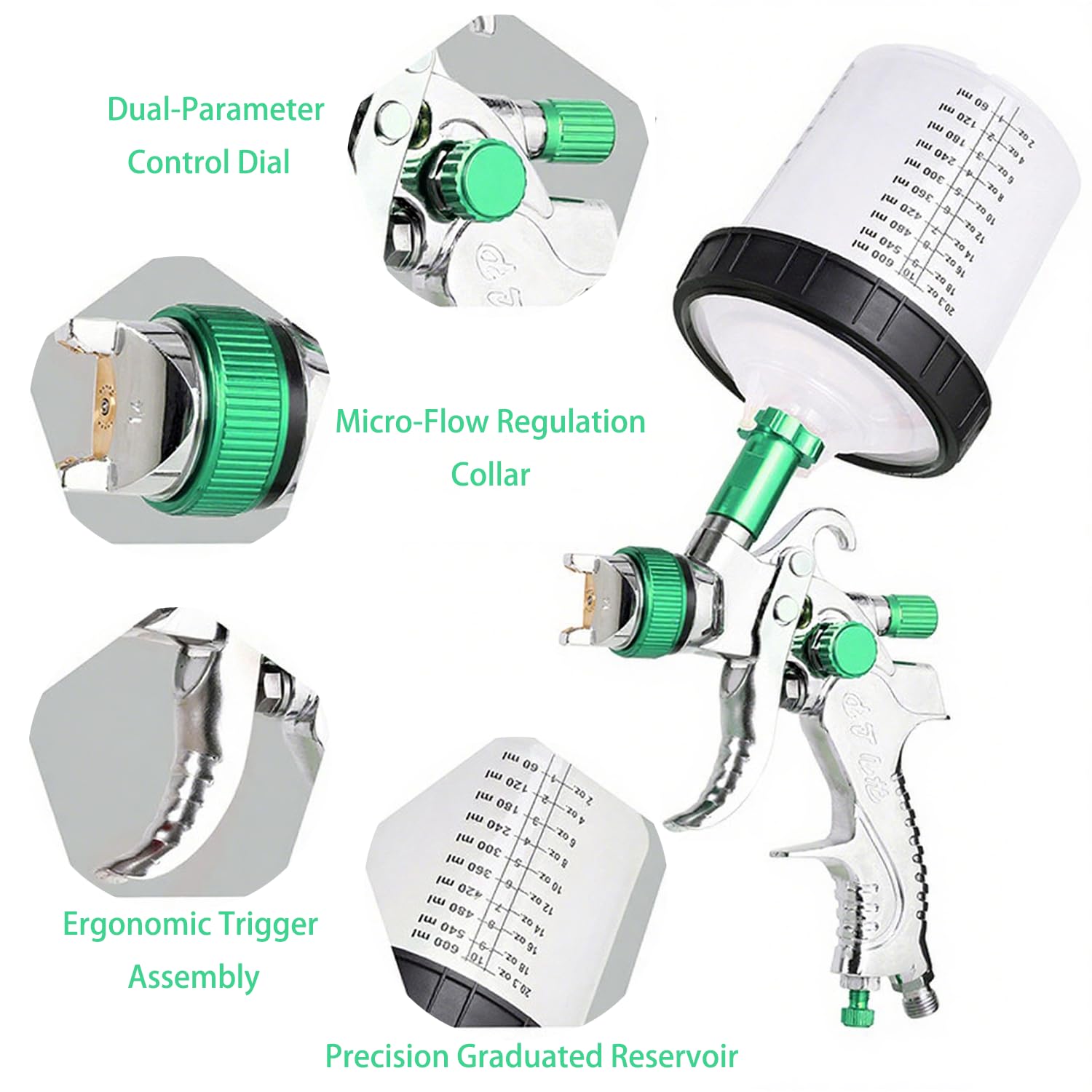 Pistola Pintura Neumática para Automóviles, Pistola para Pintar Paredes y Techos, con 10 Tazas para Mezclar, Herramienta de Pulverización Profesional, Color Verde​, 600ML