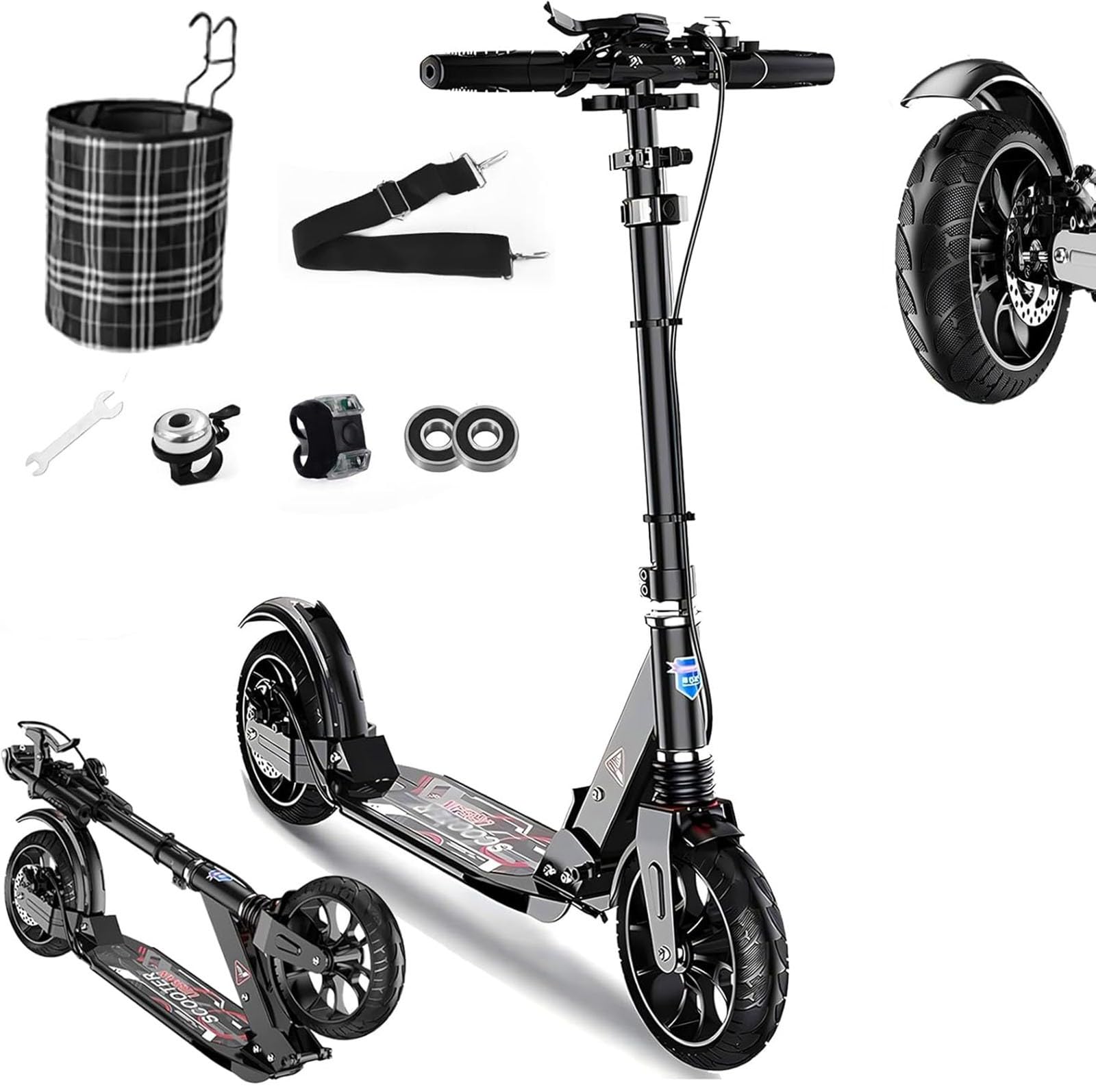 Trottinette Adulte 200 Mm Big Wheel City Scooter avec Freins Et Amortisseurs, Capacité De Charge 150 Kg, Réglable en Hauteur, Trottinette De Ville pour Enfants 8 Ans
