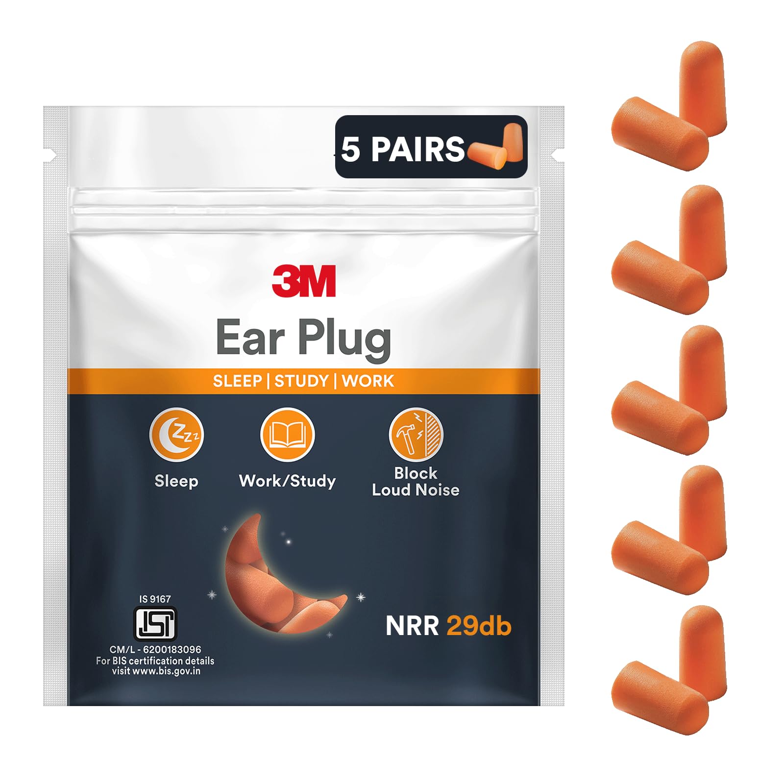 3M Ear Plug for Sleep, Study & Work | NRR 29dB Noise Reduction | Comfortable Foam Earplugs | 5 Pairs in 1 Pack-image-37