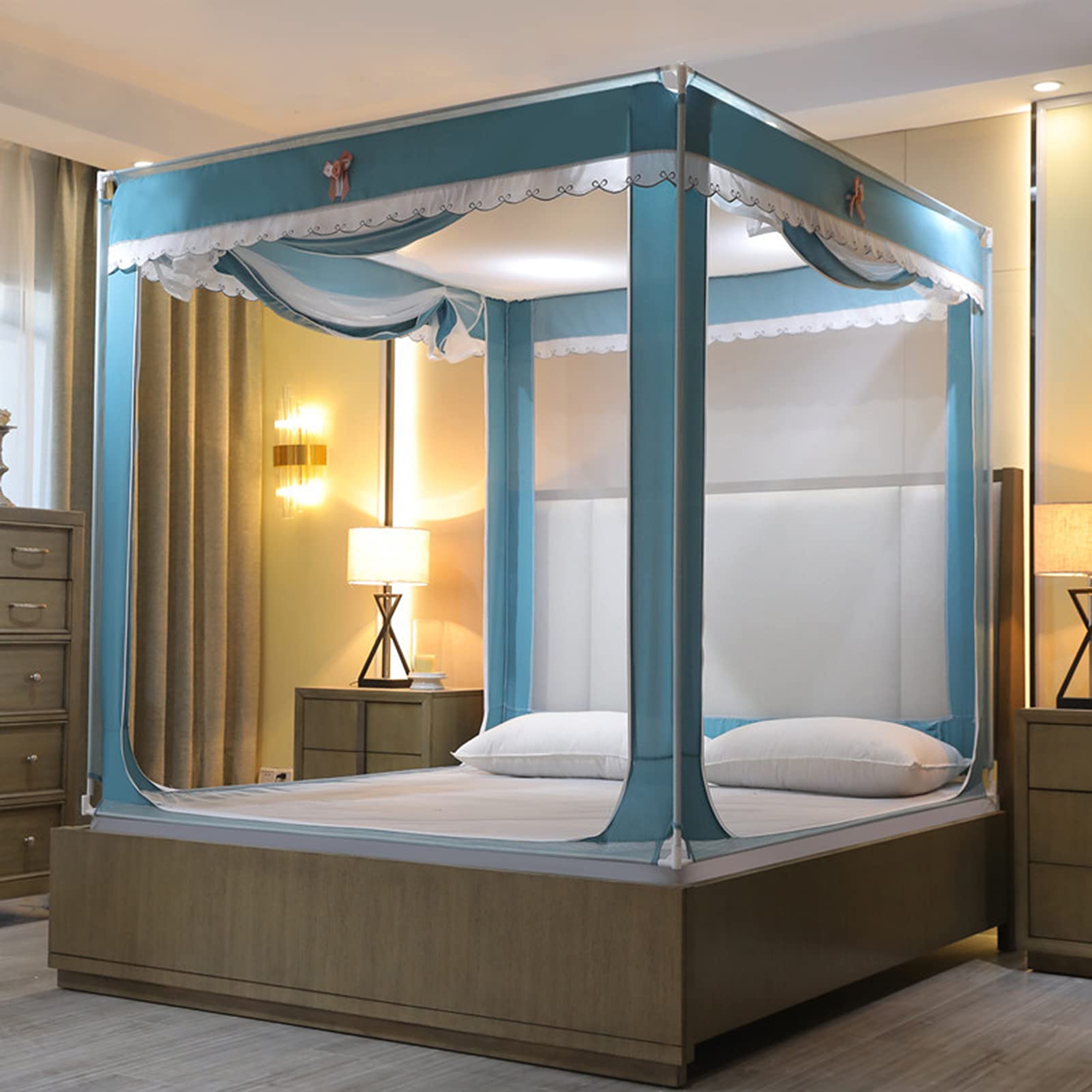 OKUOKA Moskitiera baldachim do łóżka, 3 drzwi boczne, kemping, 360°, ochrona przed komarami, zasłona, pościel, jurta, łatwa instalacja, zielony, 1,5 x 2 m