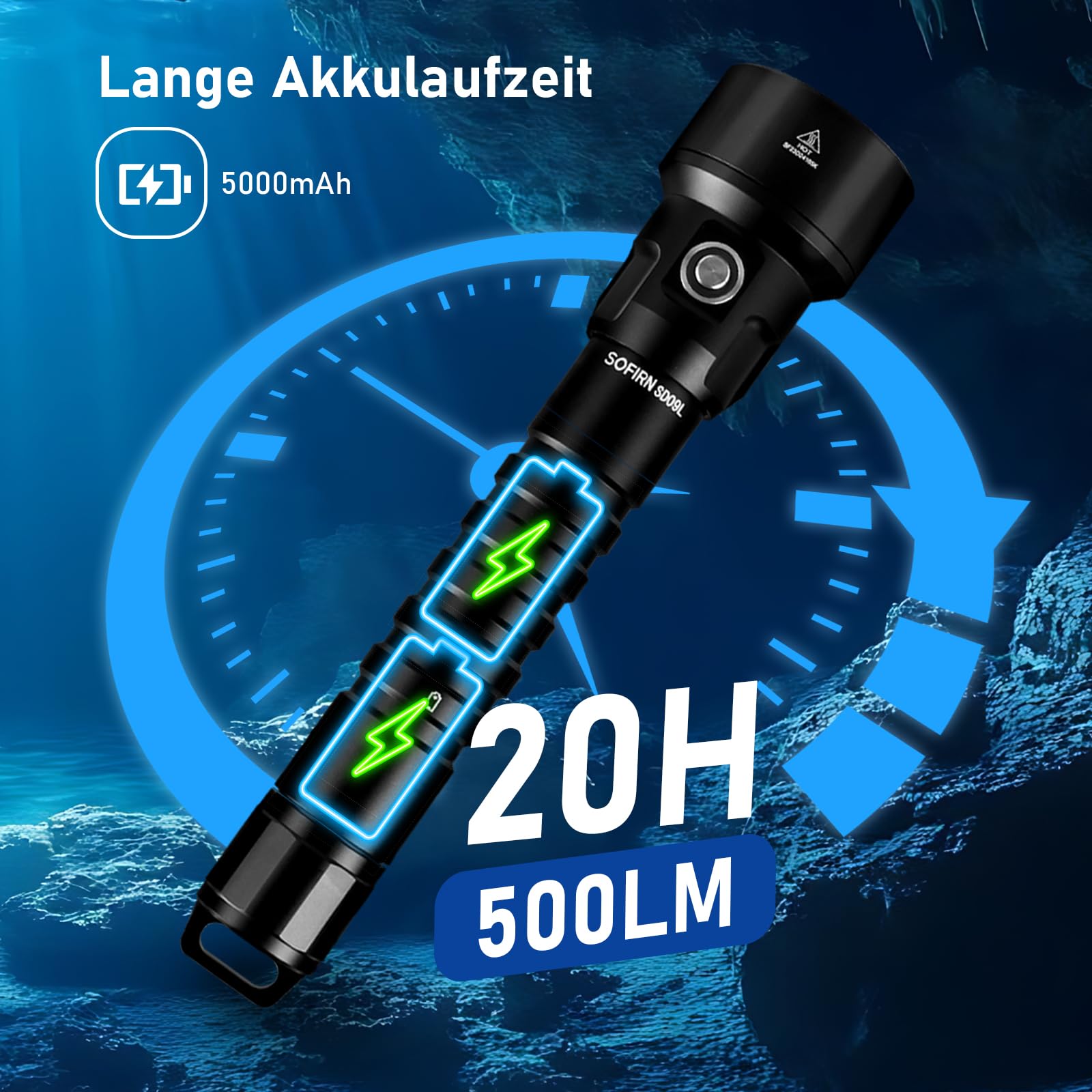 Sofirn SD09L Tauchlampe, 6800 Lumen Tauchen Led Taschenlampe, IPX8 Unterwasser 100m, 3*Hochleistungs-LEDs mit Wiederafladbaer Akkus