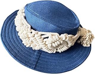 قبعة زرقاء مصنوعة يدويا مع شريط مكرمية - قبعة شمس صيفية للنساء - قبعة المعجزات