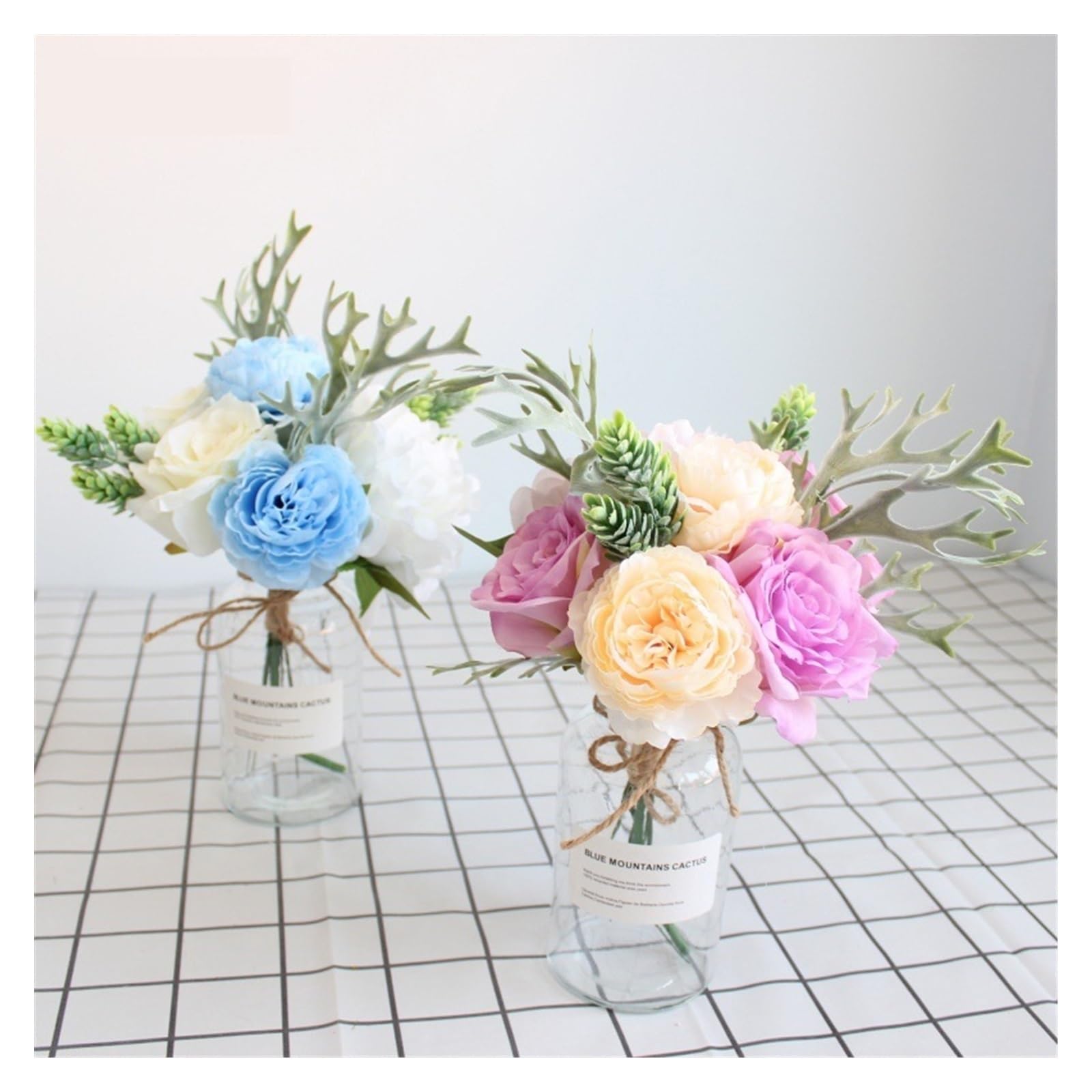 Kunstblumen Rosen-Simulationsstrauß, Brautjungfern-Hochzeitsstrauß, künstliche Seidenblume, Pfingstrose, Geweih, Farn, saftiges Laub, Blaue Hochzeitsblume Blumen Fake (Color : Purple)