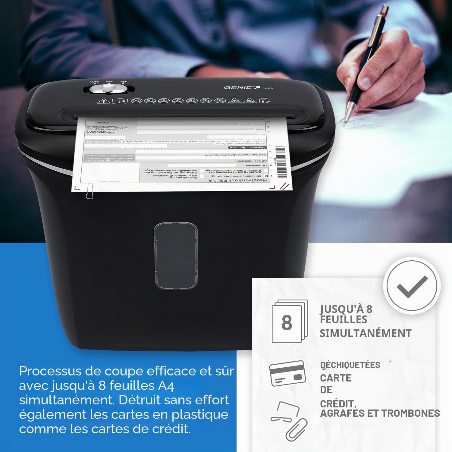 Genie Destructeur de documents 480 x | Broyeur de papier 8 feuilles | Coupe à particules | Niveau de sécurité P-4 | Fonction marche/arrêt automatique | Corbeille à papier de 12 l | Protection contre
