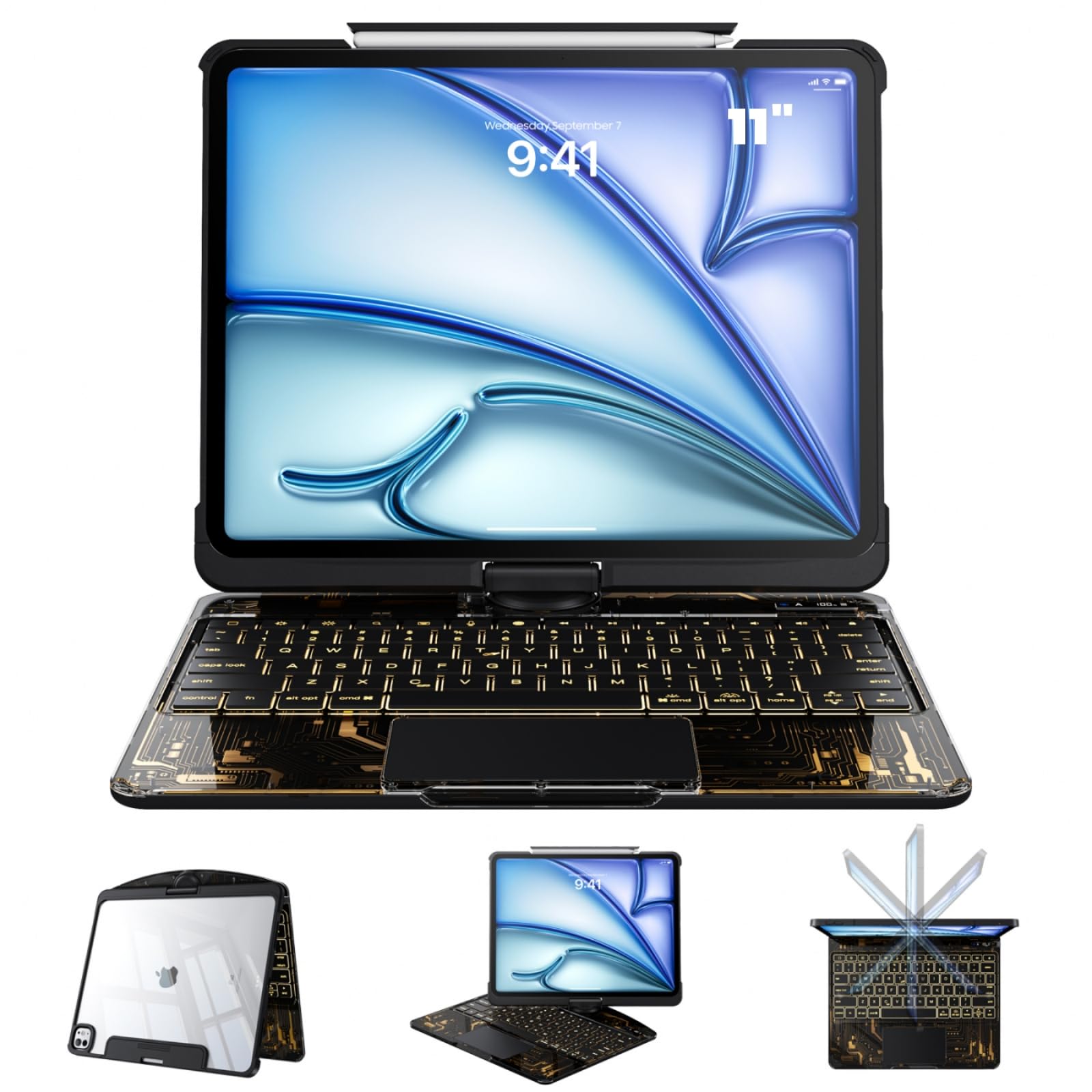 Clear Case with Keyboard for Air 11" (M4/M3/M2) &amp; Air 10.9" (4-5th Gen) &amp; iPad Pro 11" (1/2/3/4th)，360°+180° Rotate iPad Keyboard, LCD Display, Pencil Holder, 7-Color Backlit, Trackpad, Black