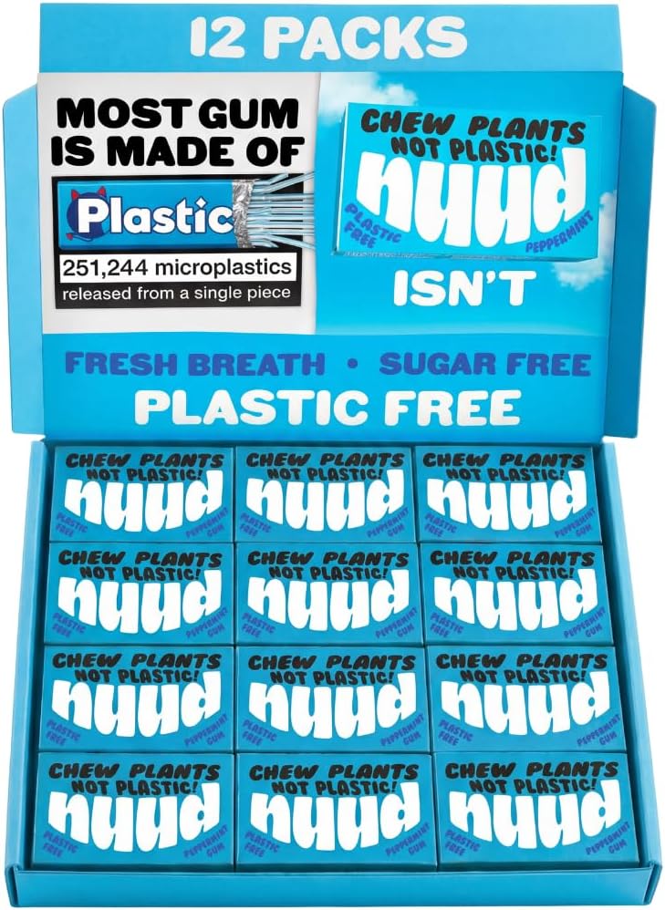 Nuud Plastic Free Chewing Gum | Plant Based | Aspartame Free | Xylitol | Biodegradable | Sugar Free Chewing Gum | 12 Packs of 9 Pieces (Peppermint)
