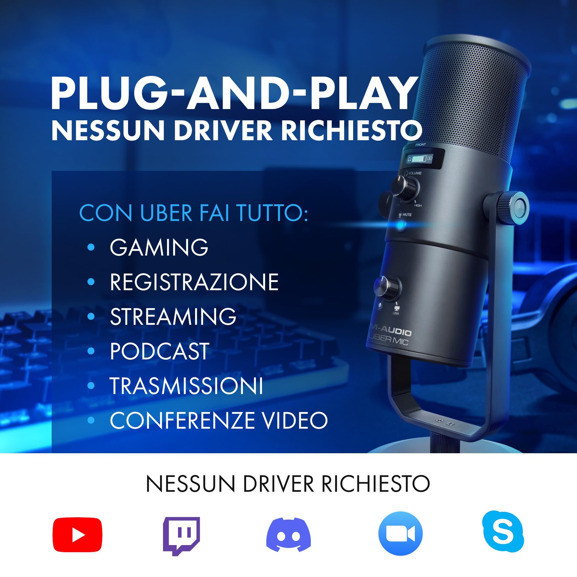 M-Audio Uber Mic - Microfono USB a condensatore per PC, streaming, podcast e registrazione, con 4 pattern polari, pulsante Mute e uscita cuffie