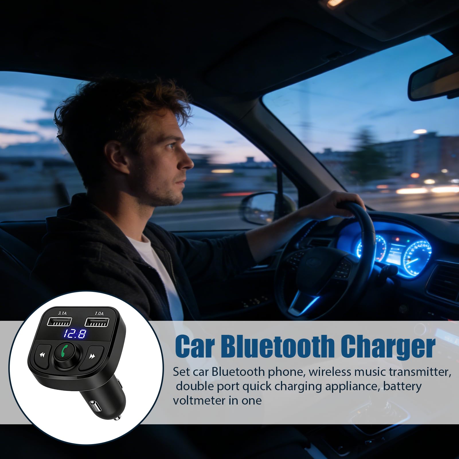 Transmisor FM Bluetooth Coche, Adaptador Coche MP3, Manos Libres Bluetooth con 2 USB, Llamadas Manos Libres, Soporte Unidad Flash USB y Tarjeta TF — view 5