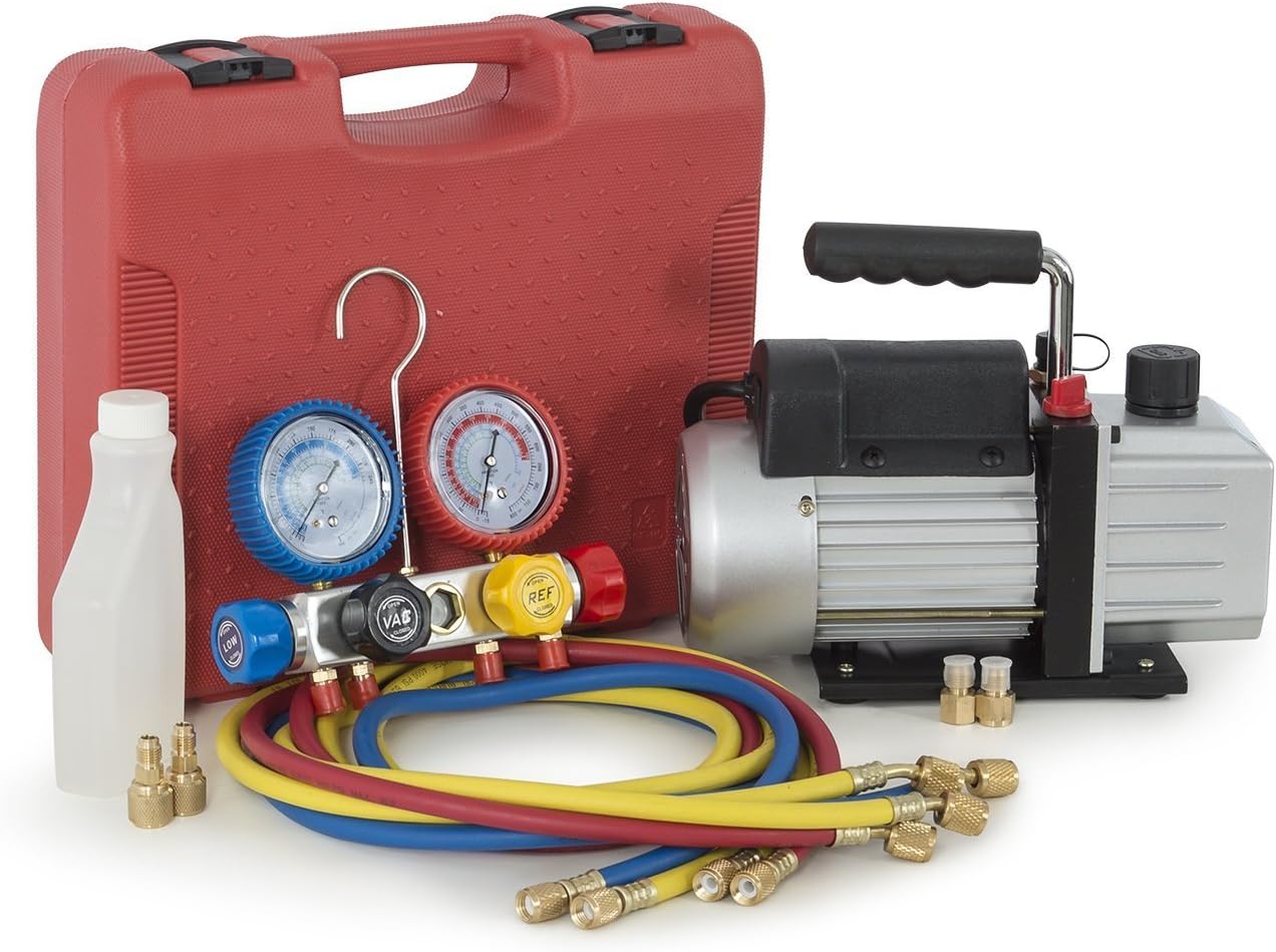 ARKSEN 4-Valve (R404A R410A R22) Manifold Gauge Diagnostic Refrigerant A/C Tester + 4CFM 1/3HP Vacuum Pump
